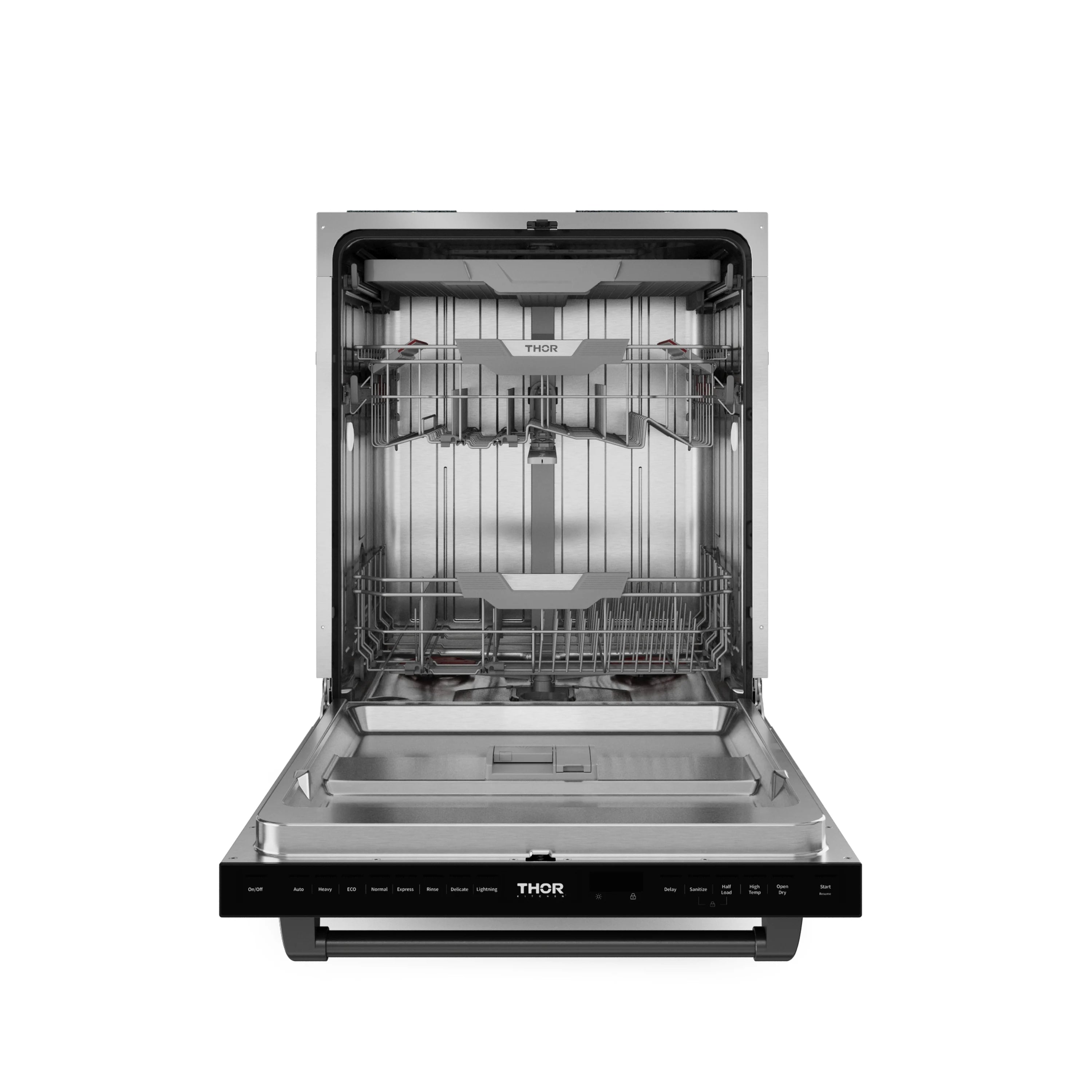 Open dishwasher door with upper and lower racks visible