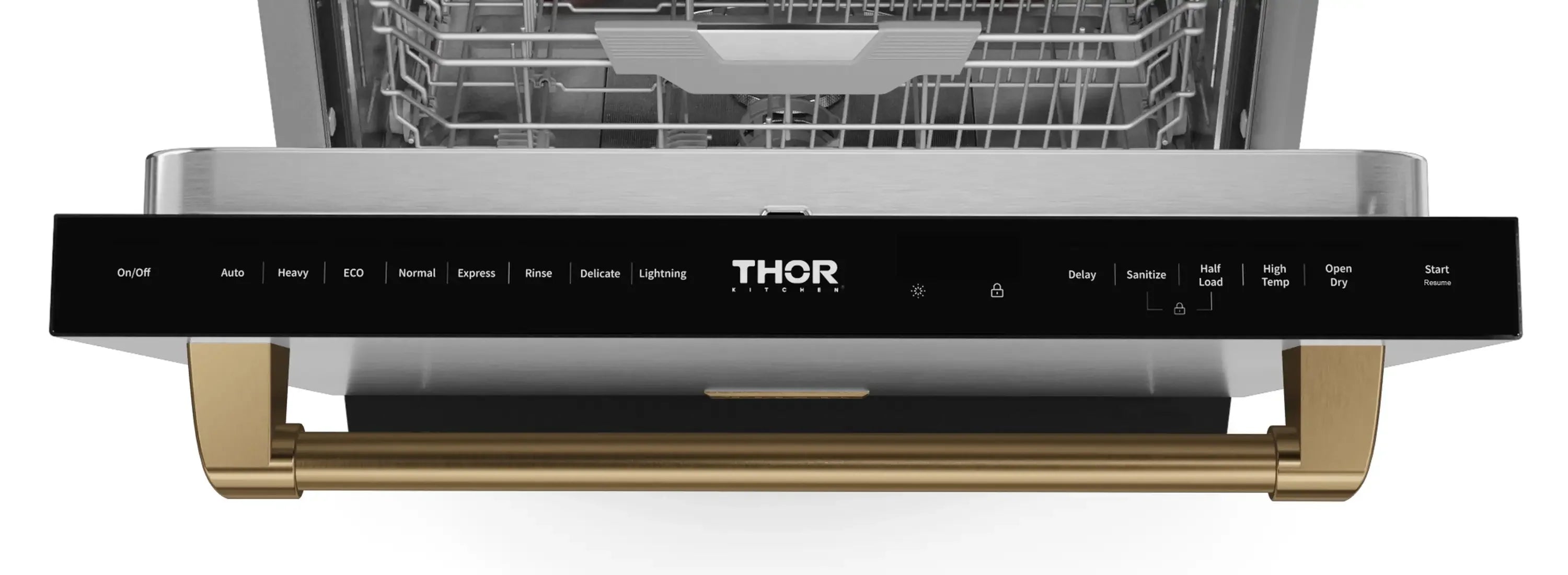 Dishwasher control panel with THOR logo, buttons, and bronze trim
