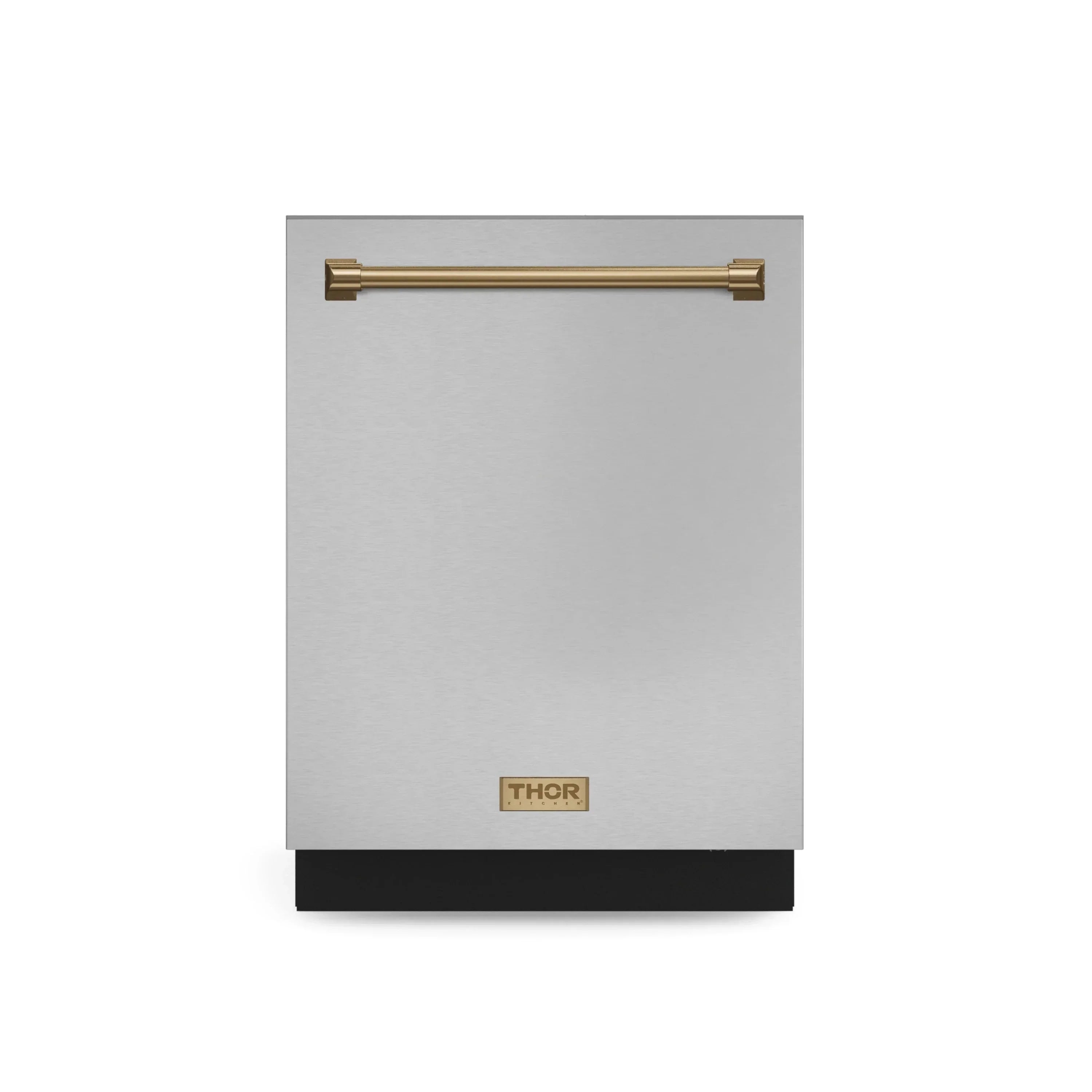 Dishwasher front panel with gold handle bar and THOR badge