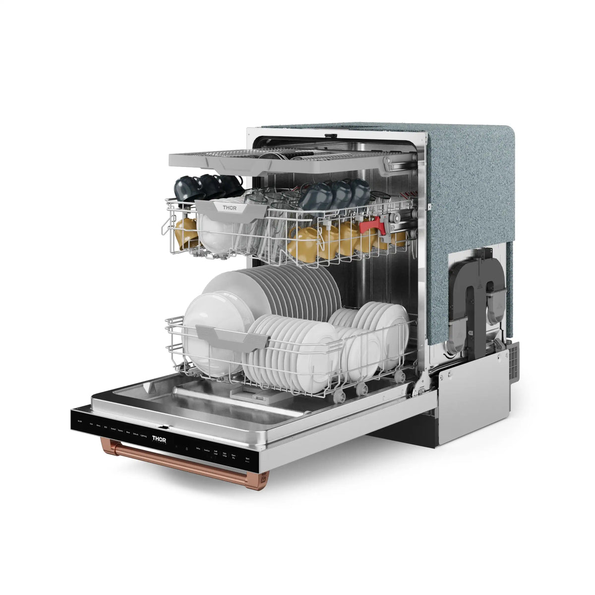 Stainless steel dishwasher with door open, stacked white plates on racks, rose-gold handle