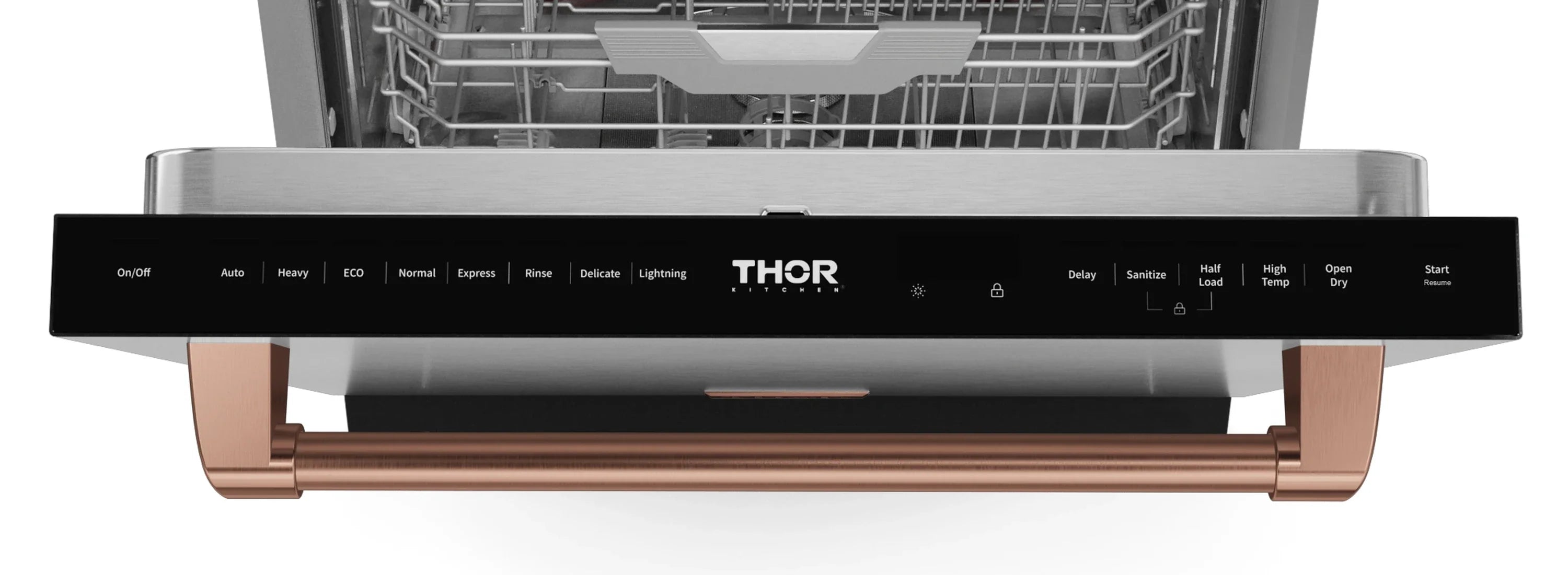 Dishwasher control panel with THOR branding and rose gold trim