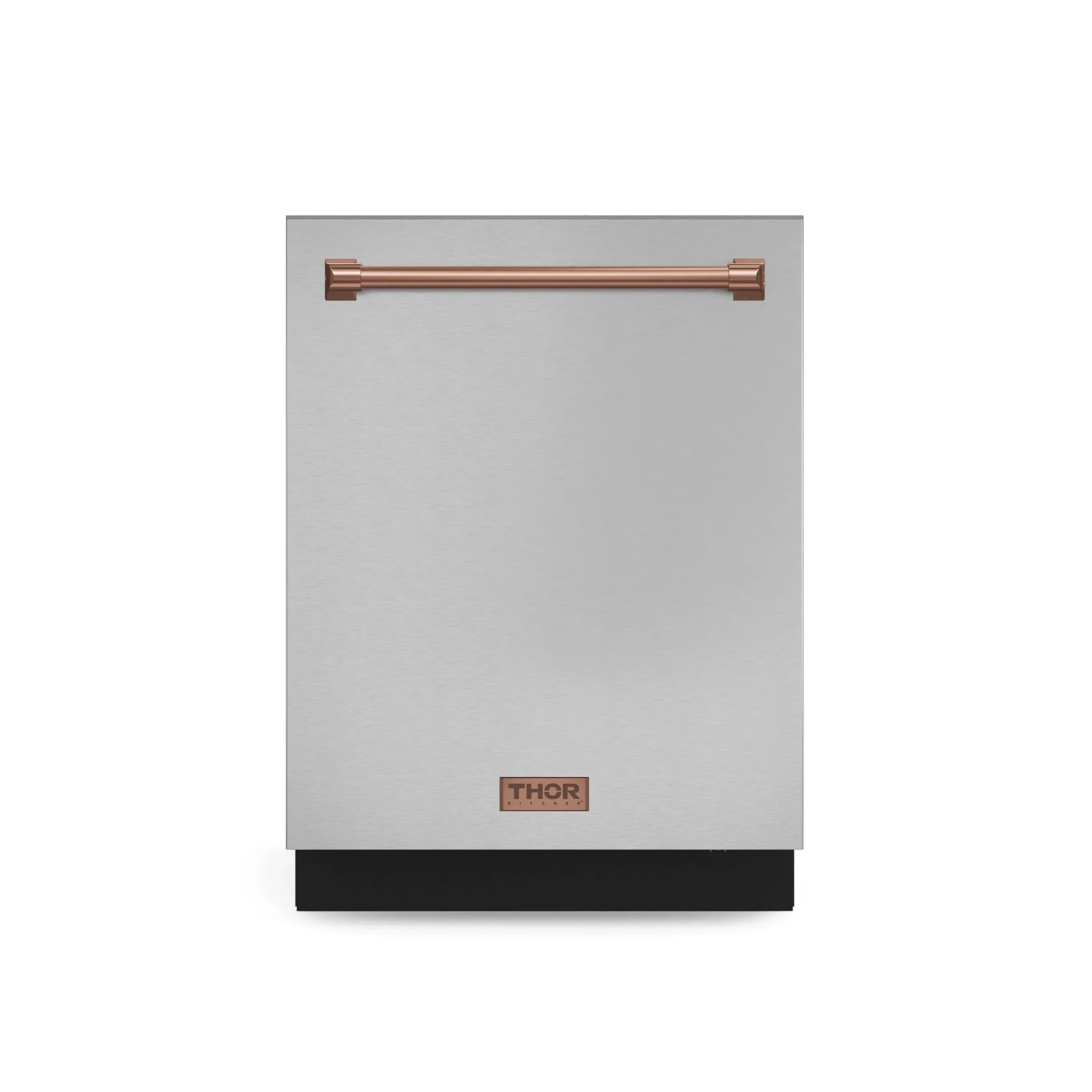 Stainless dishwasher with rose-gold trim handle and THOR logo, door closed