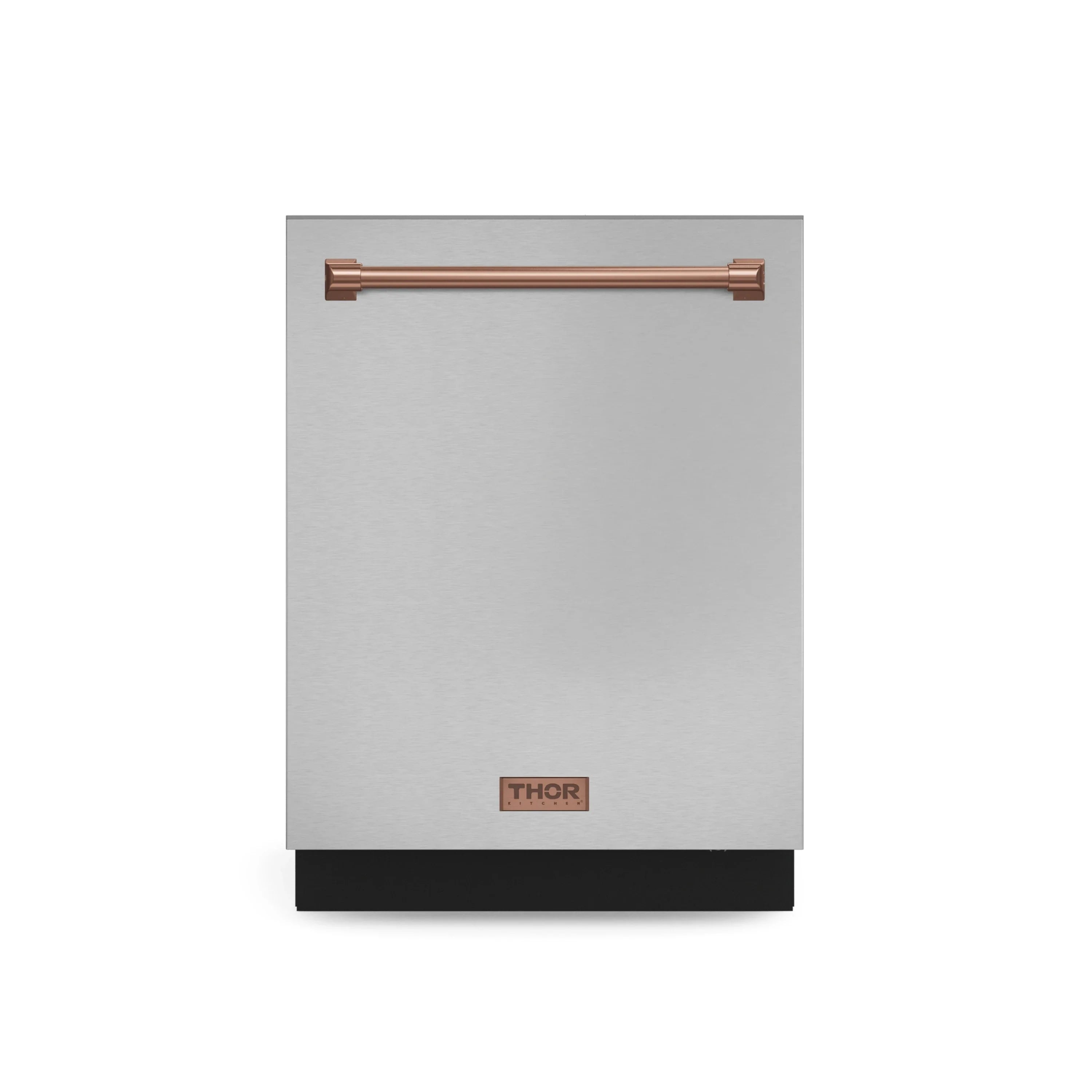Stainless steel dishwasher front with rose gold trim and black base