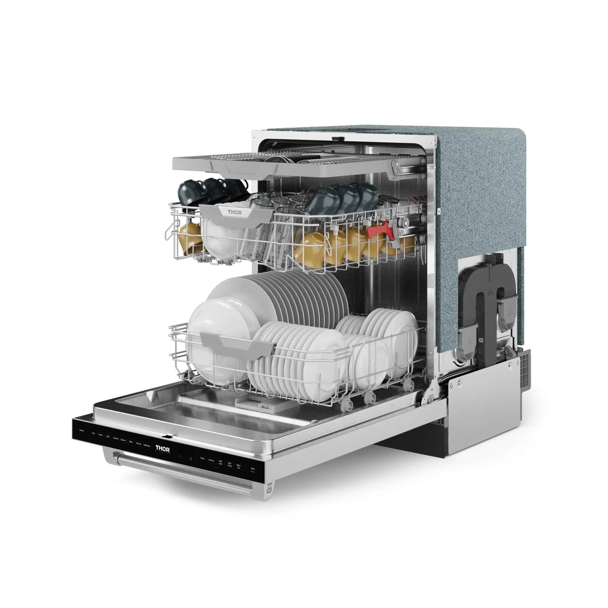 Stainless steel dishwasher with open door and stacked dishes