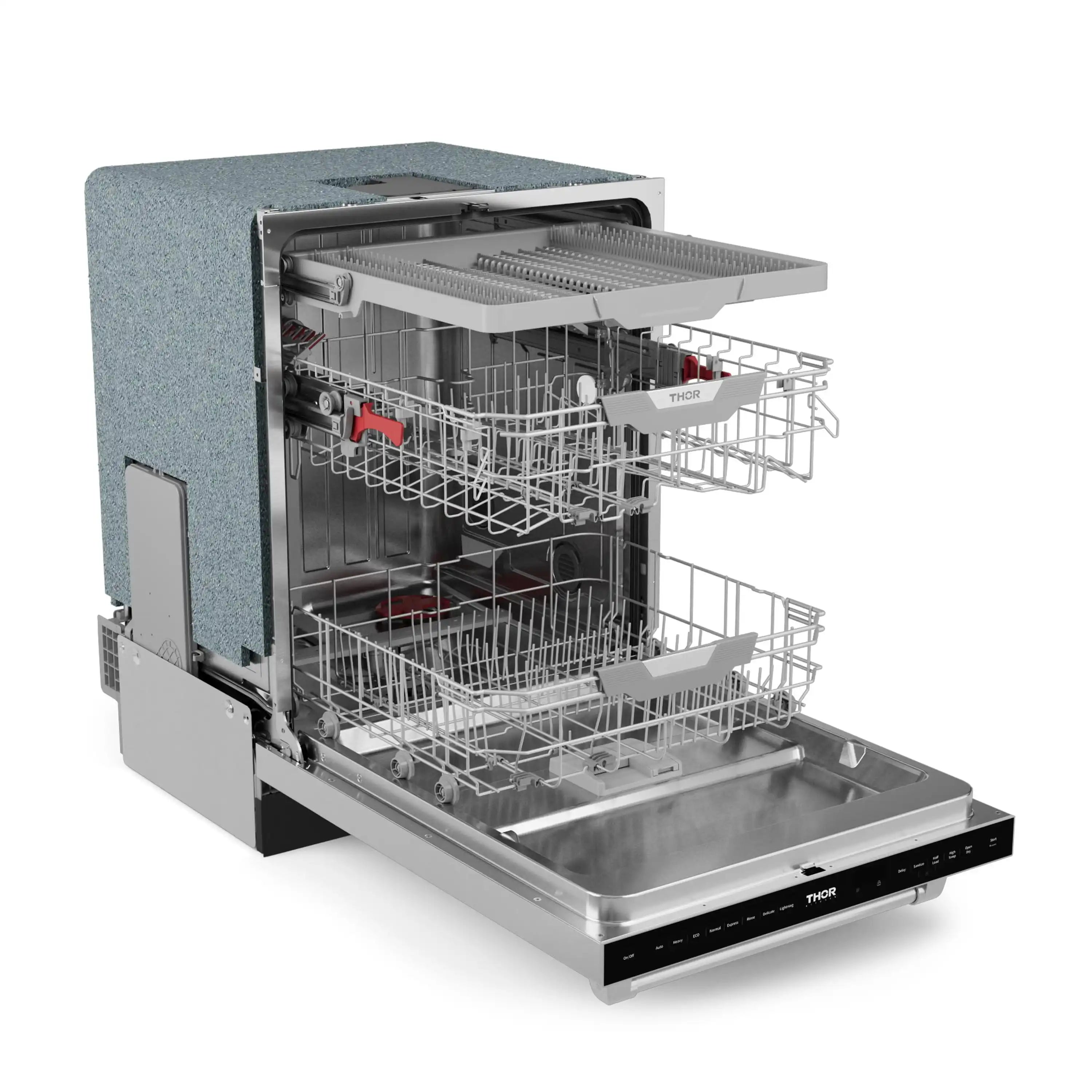 Stainless steel dishwasher with open door showing top and bottom racks