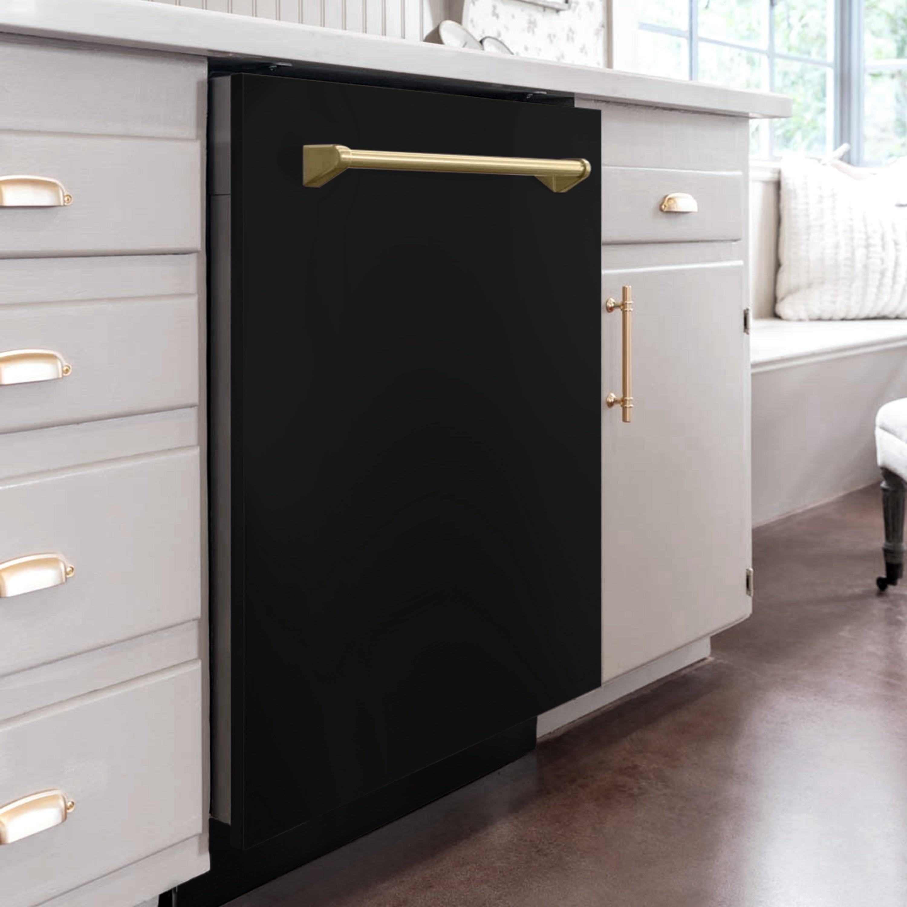 Matte black dishwasher door with champagne bronze handle and side edge