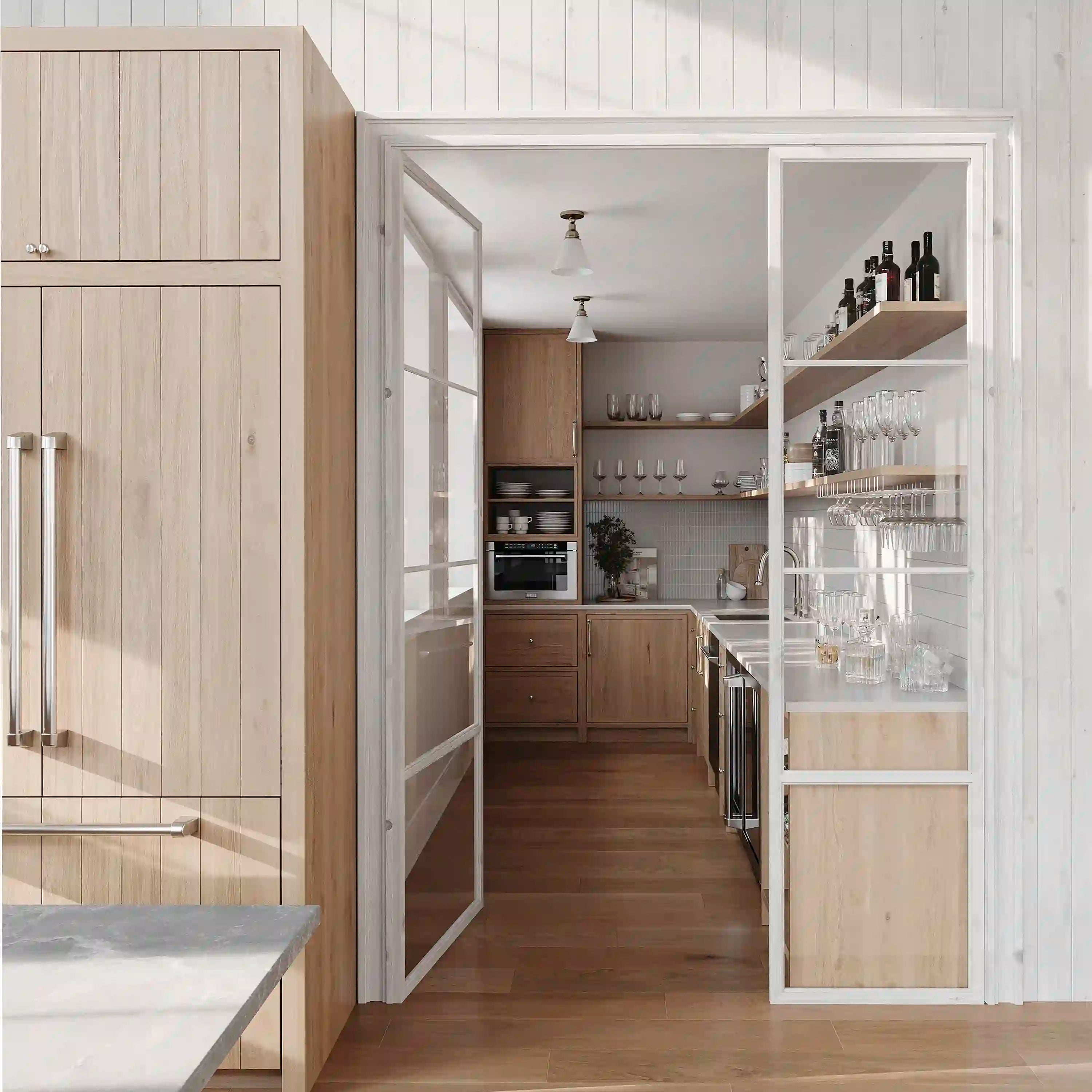Built-in French door refrigerator with open doors and glass shelves in the interior
