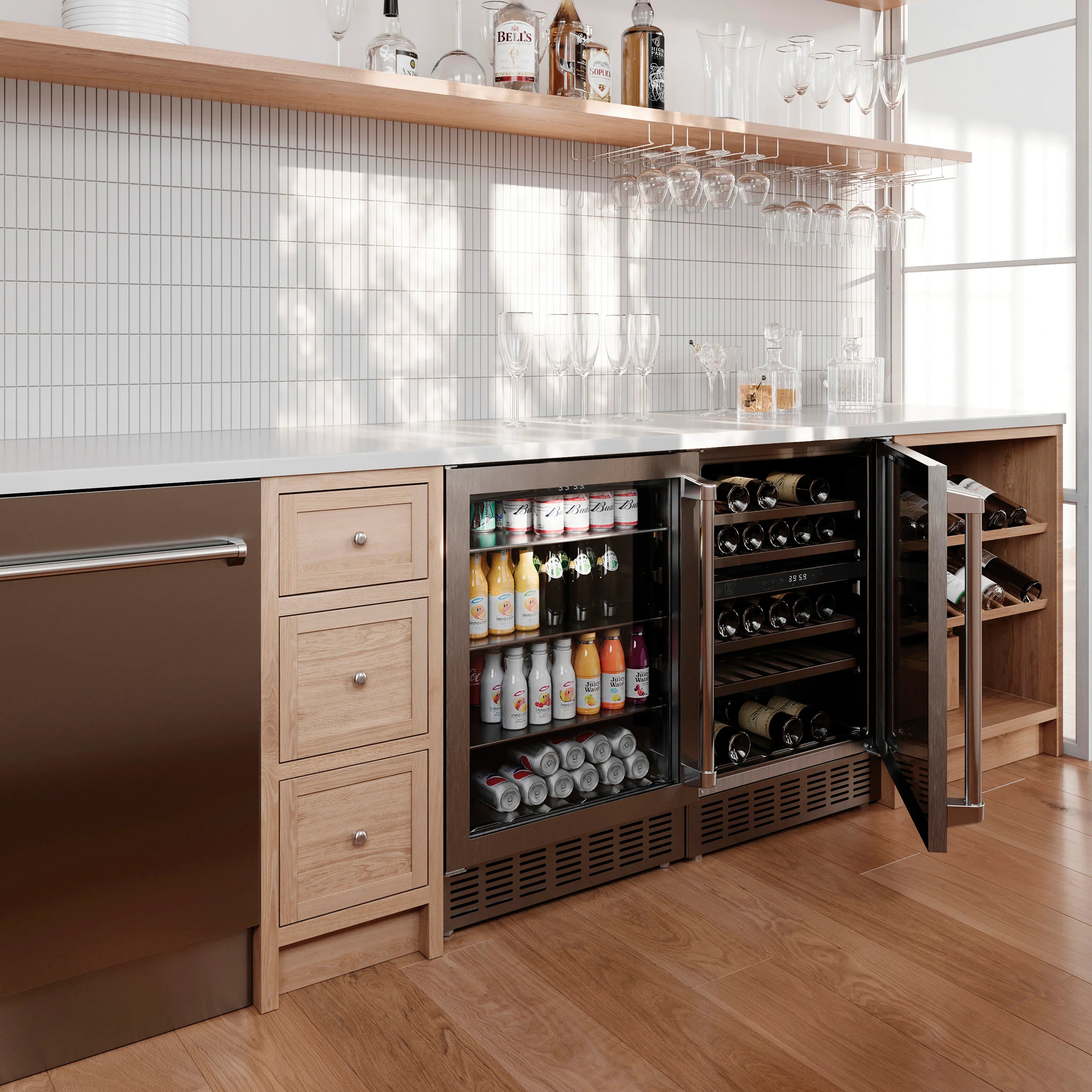 Stainless steel built-in cooler with open door showing bottles and cans storage