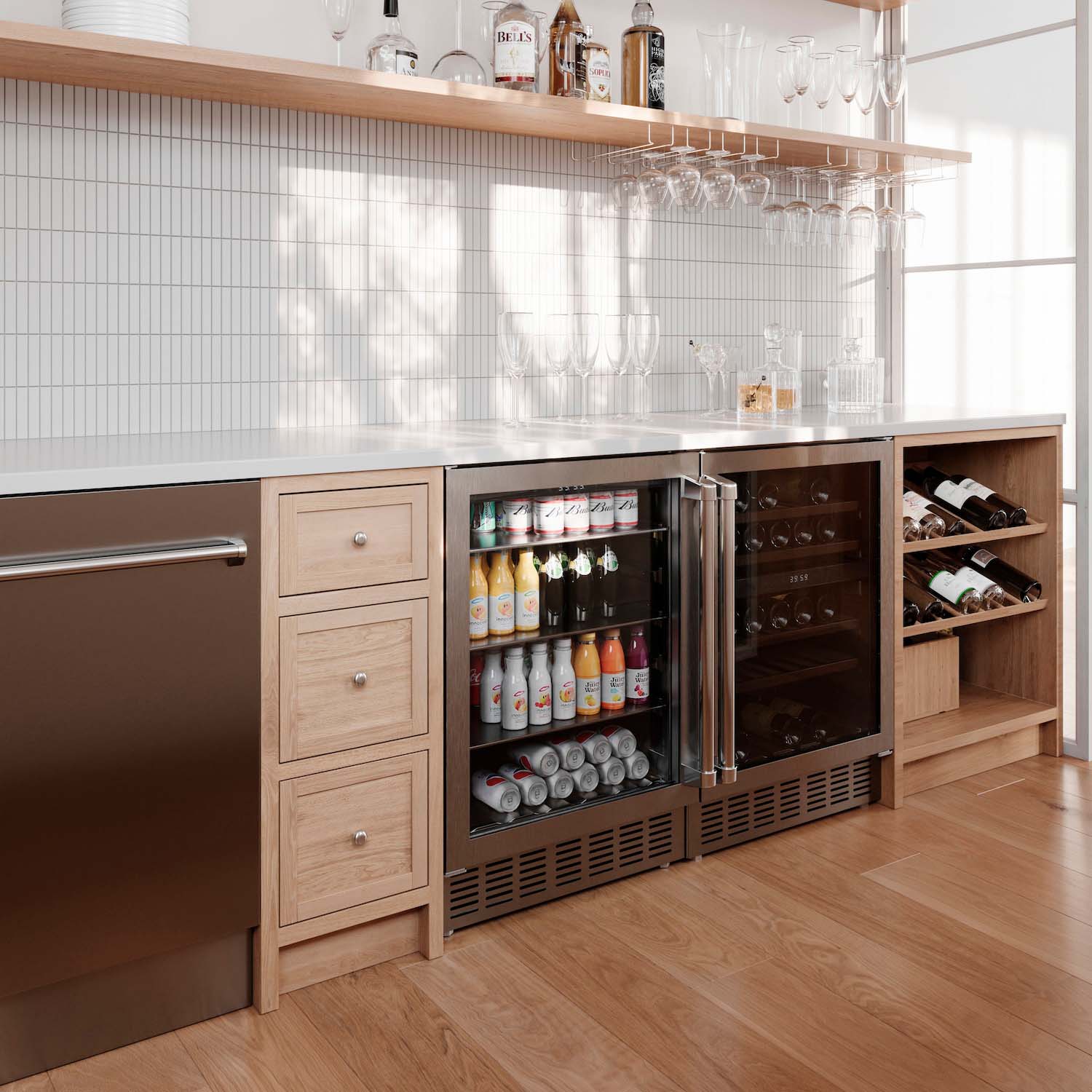 Stainless steel 24-inch built-in beverage refrigerator with open door and stocked shelves