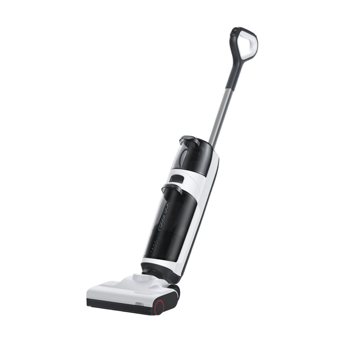Upright wet and dry vacuum cleaner in black and white with floor brush head