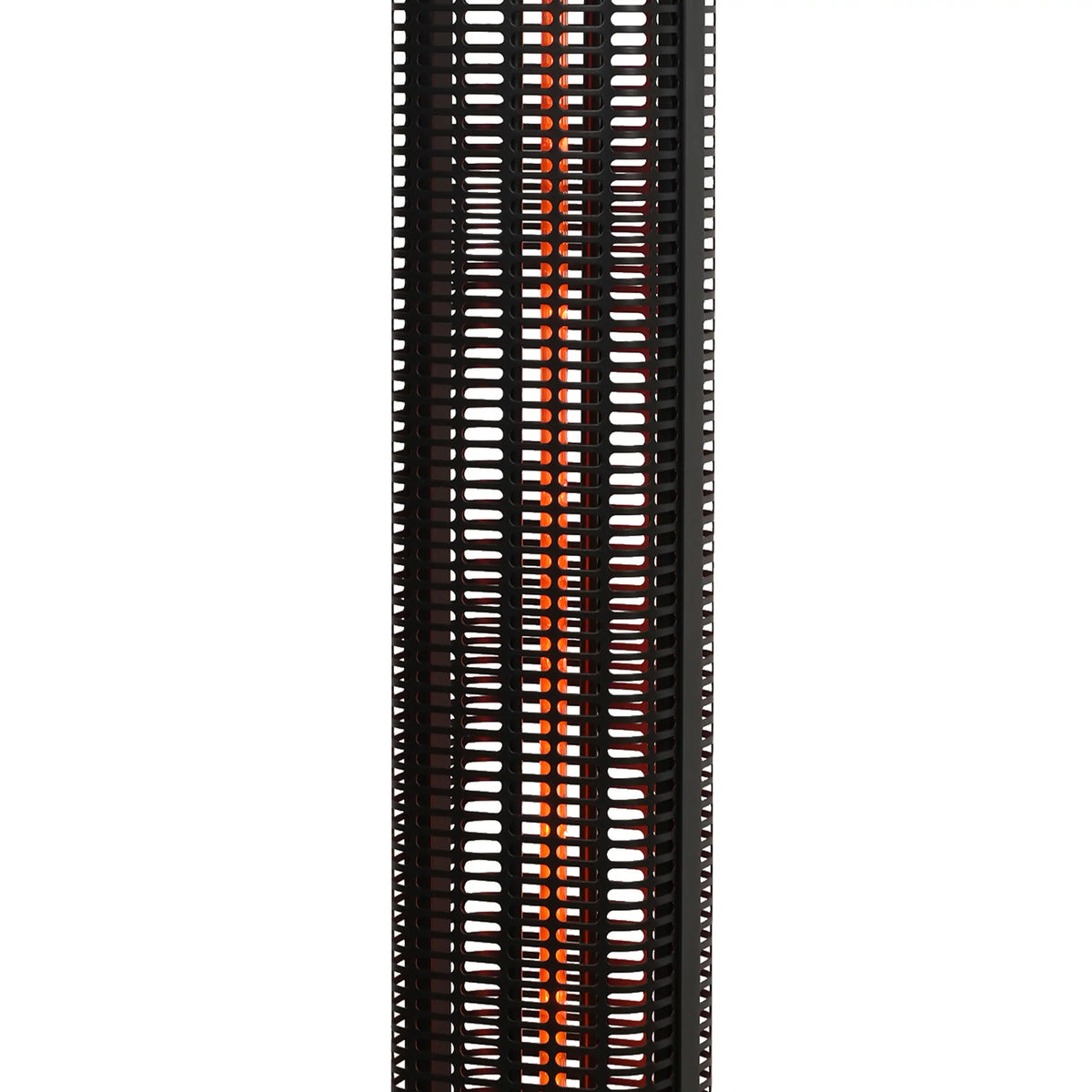 Black electric halogen heater tube grid with glowing orange heating elements