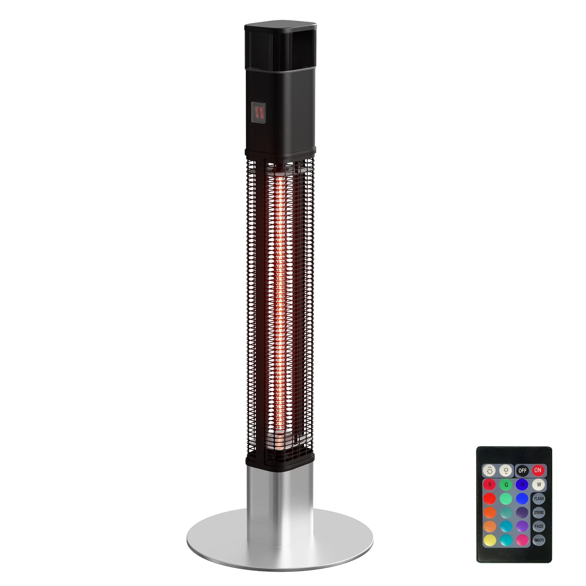 Black electric column heater with glowing halogen tube and remote control