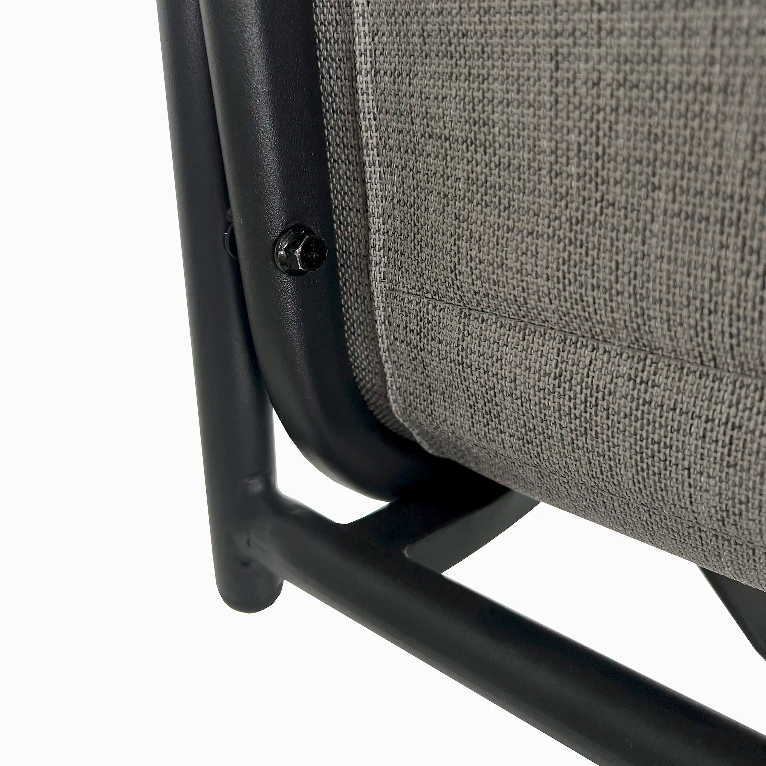 Outdoor swivel chair arm and gray fabric panel with black metal frame detail