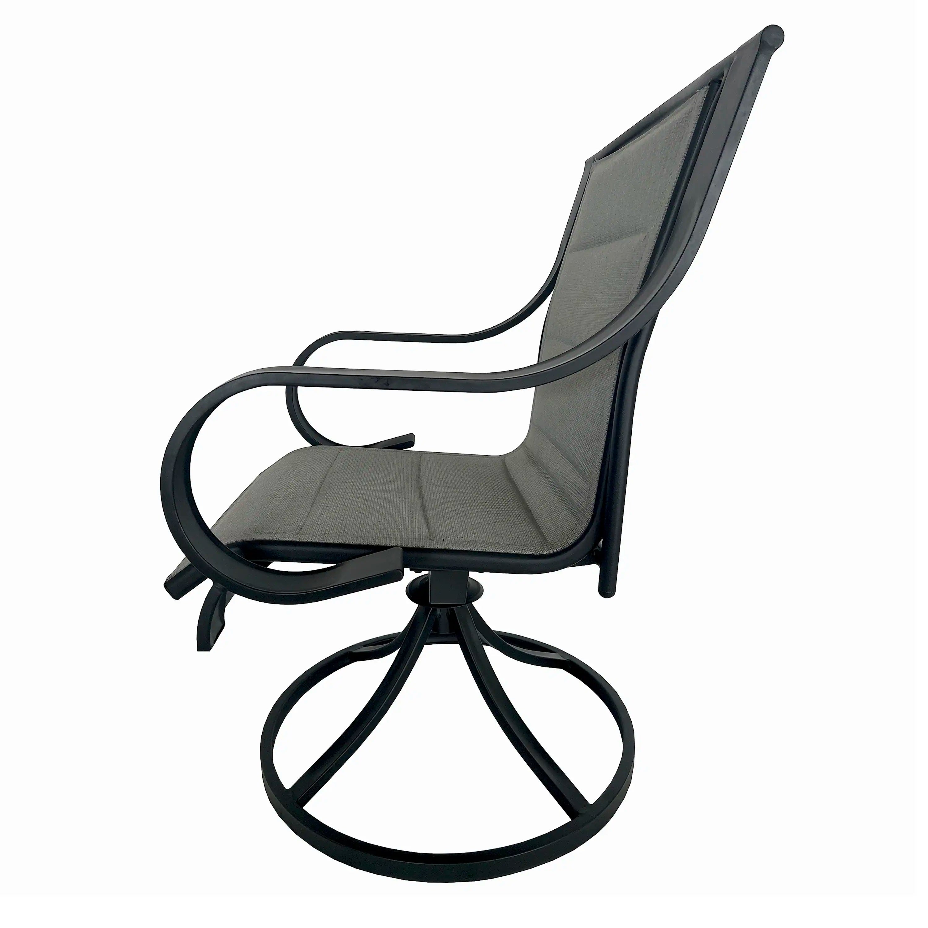 Gray outdoor swivel patio chair with dark metal armrests and round base stand