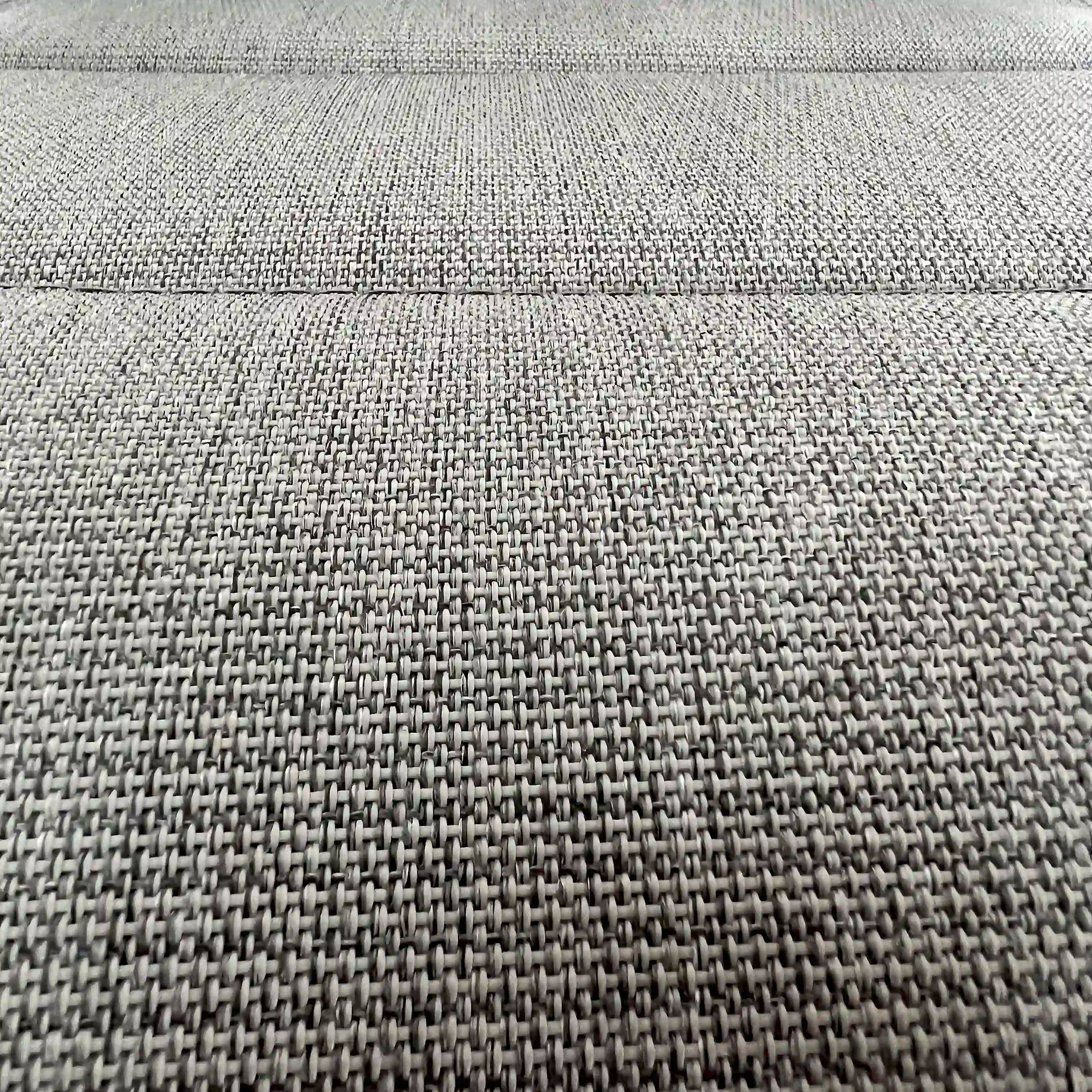 Outdoor patio seating set cushion fabric, gray woven texture.