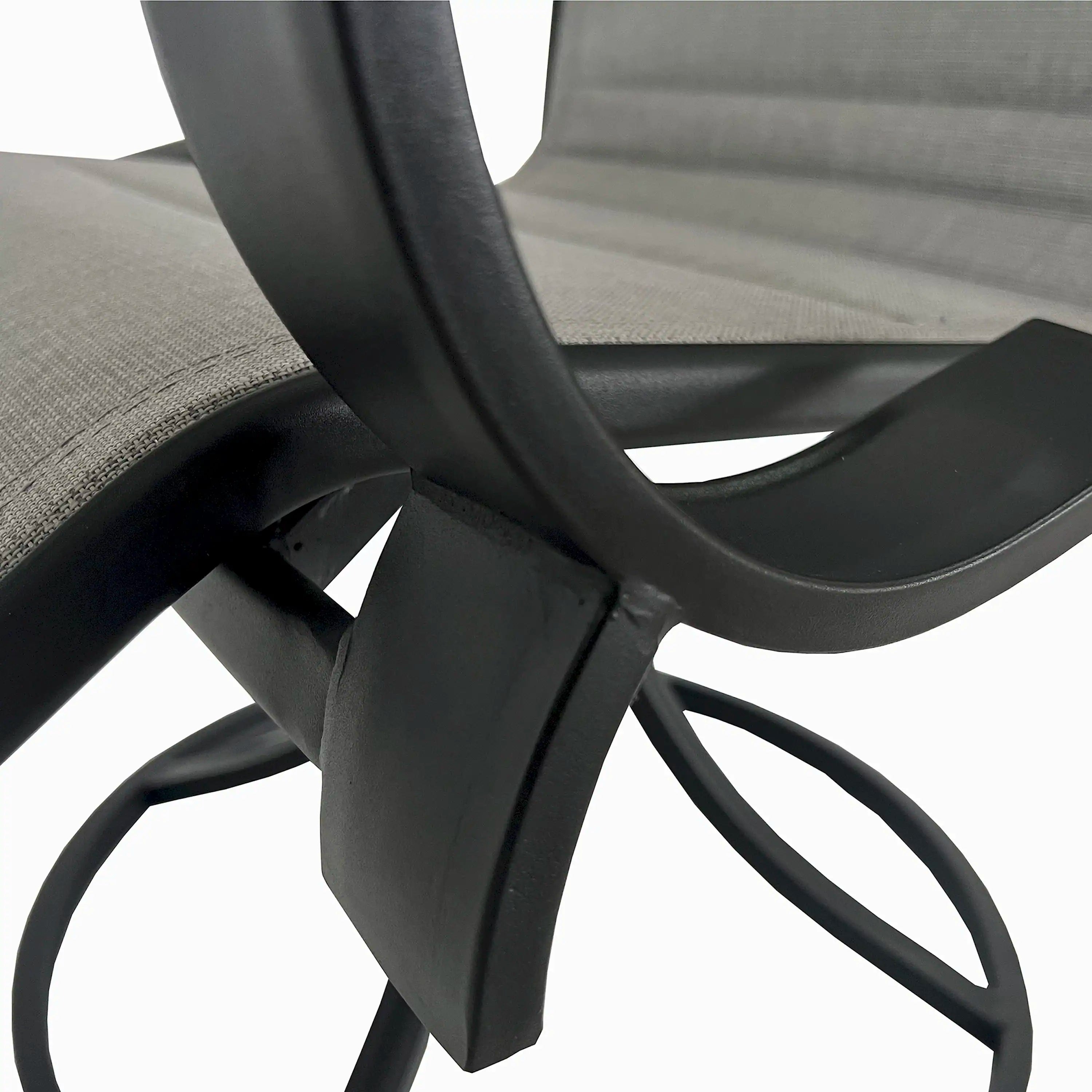 Swivel patio chair with black metal frame and gray woven seat.