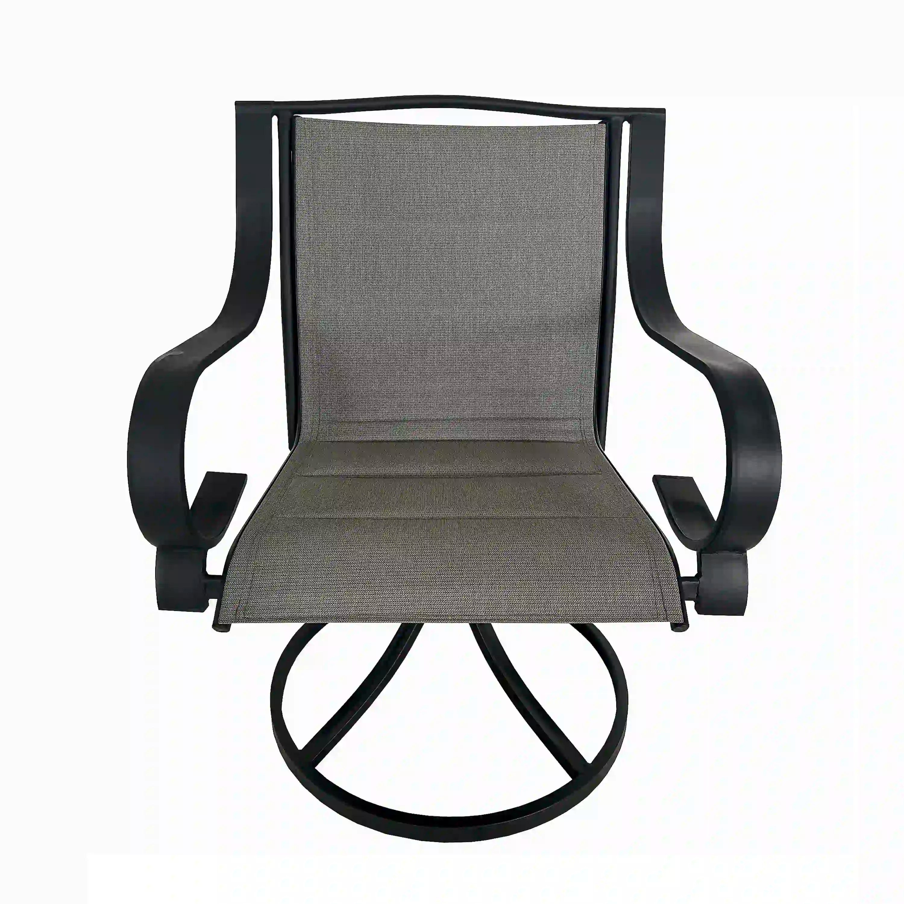 Patio swivel dining chair with gray seat cushion and black curved back.