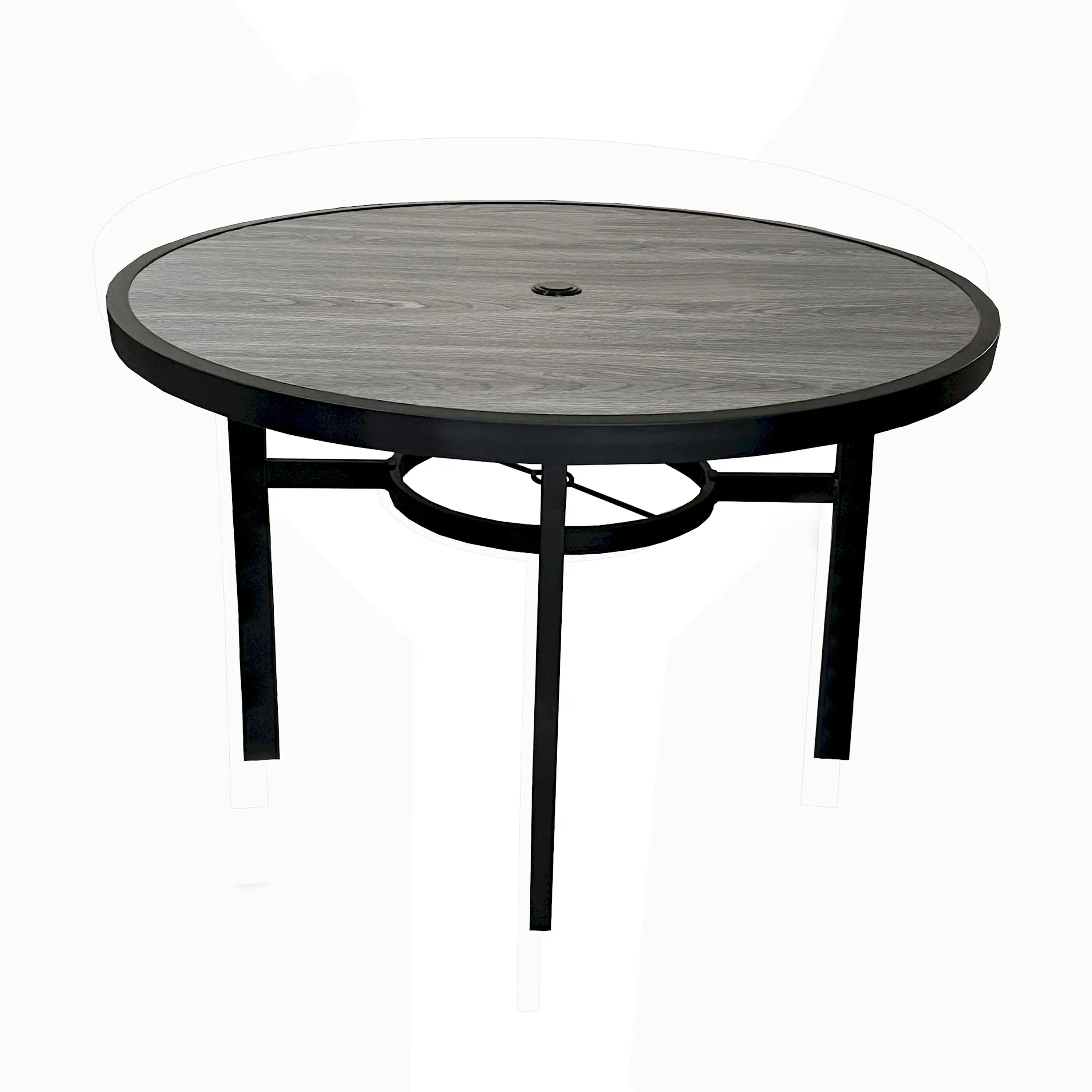 Round patio dining table with black metal legs and dark edge tabletop