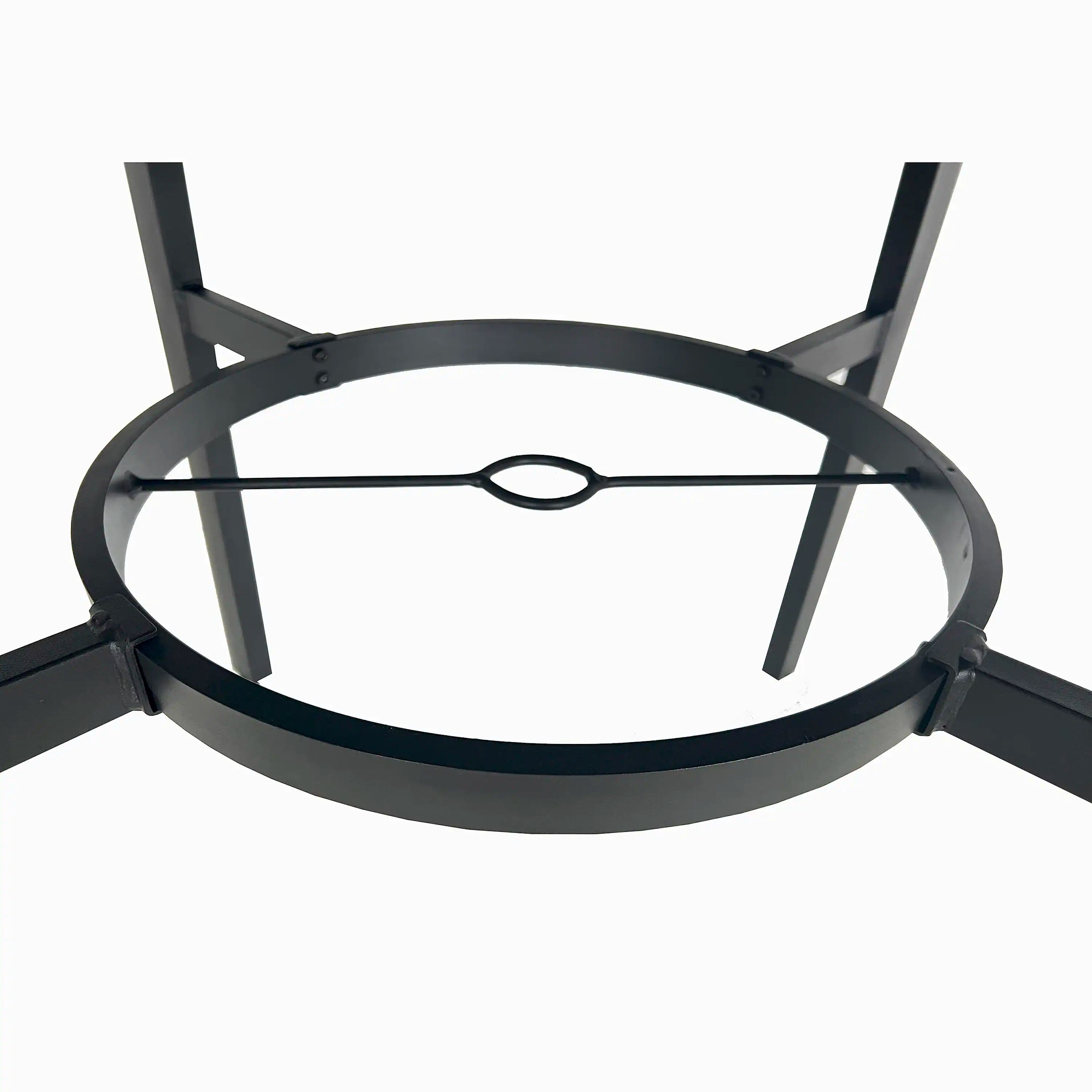 Round patio table base with black circular rim and support bar.