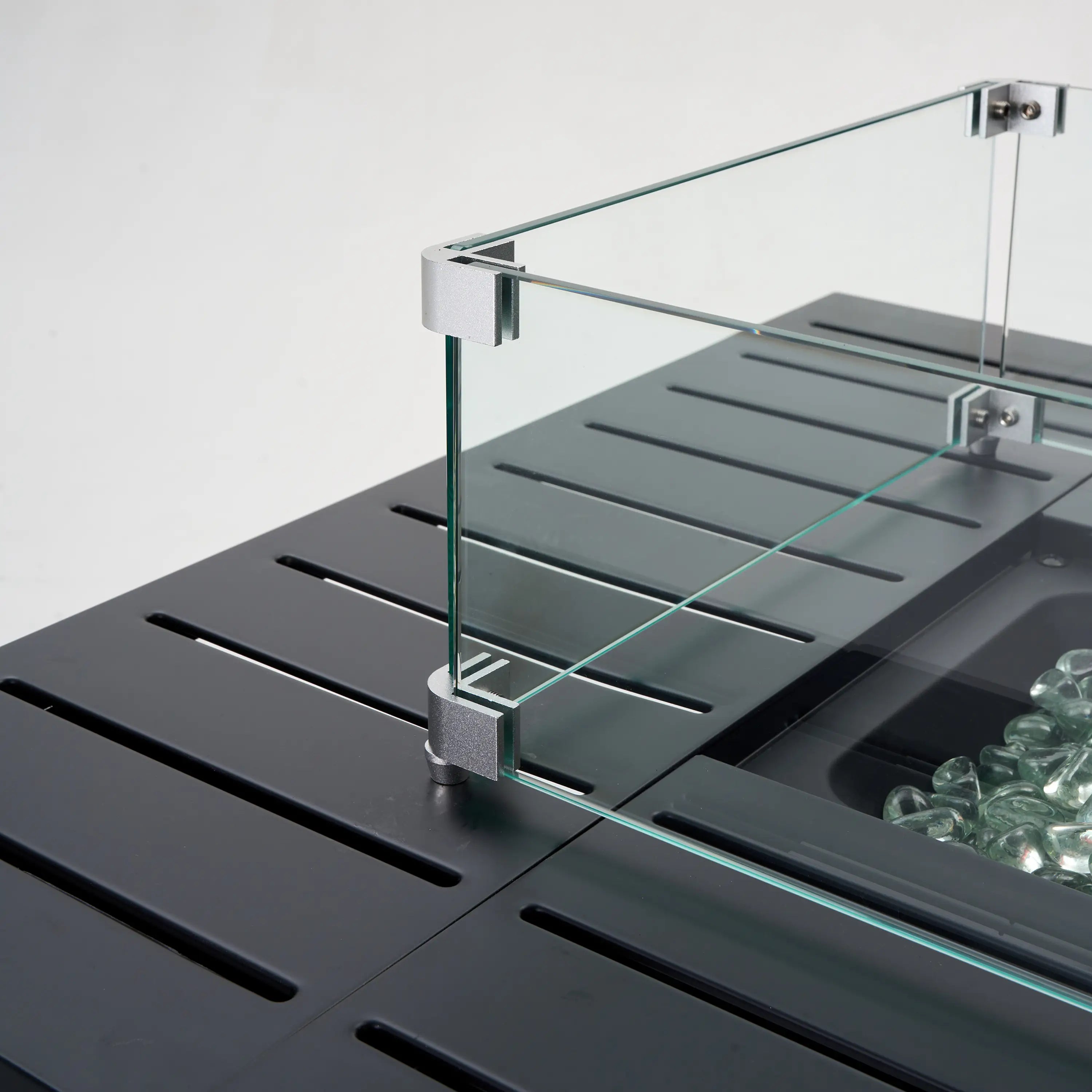 Rectangular fire pit burner tray under glass wind guard