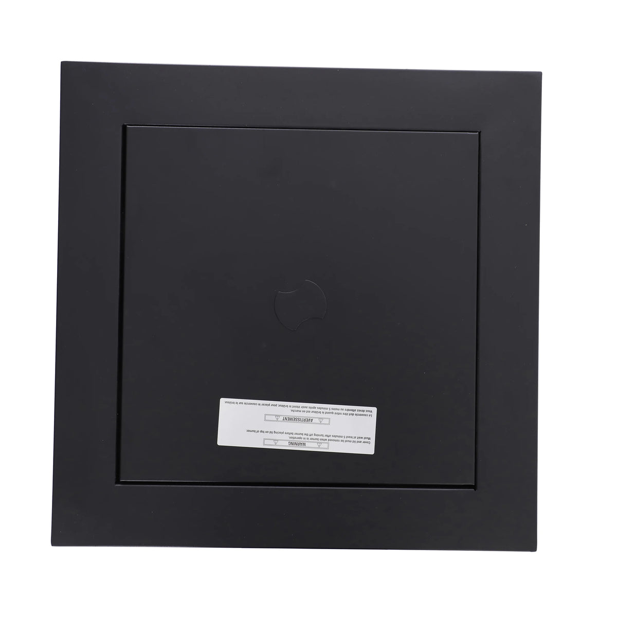 Black exterior access cover panel with label on propane fire pit table