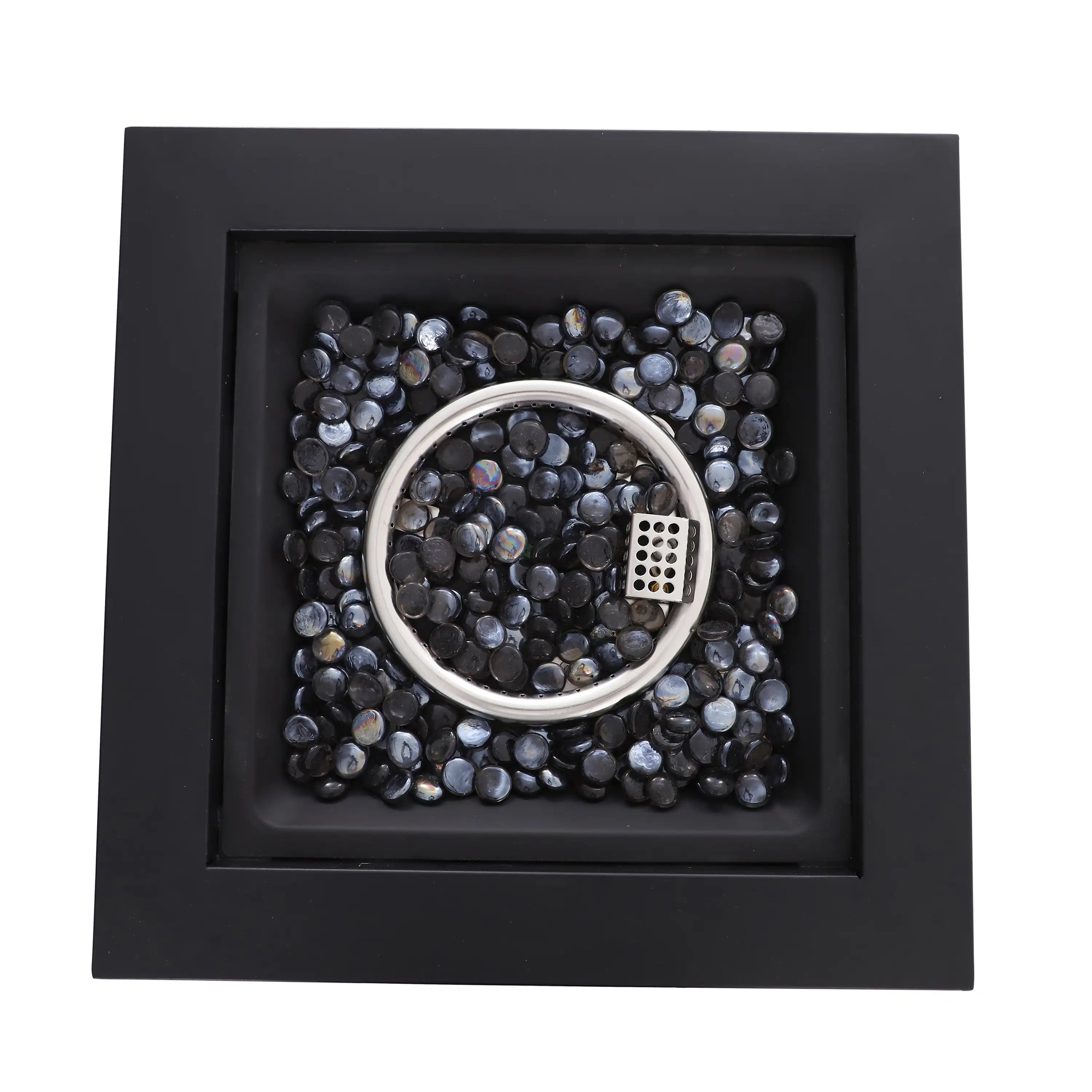 Square fire pit burner insert surrounded by black and silver glass beads