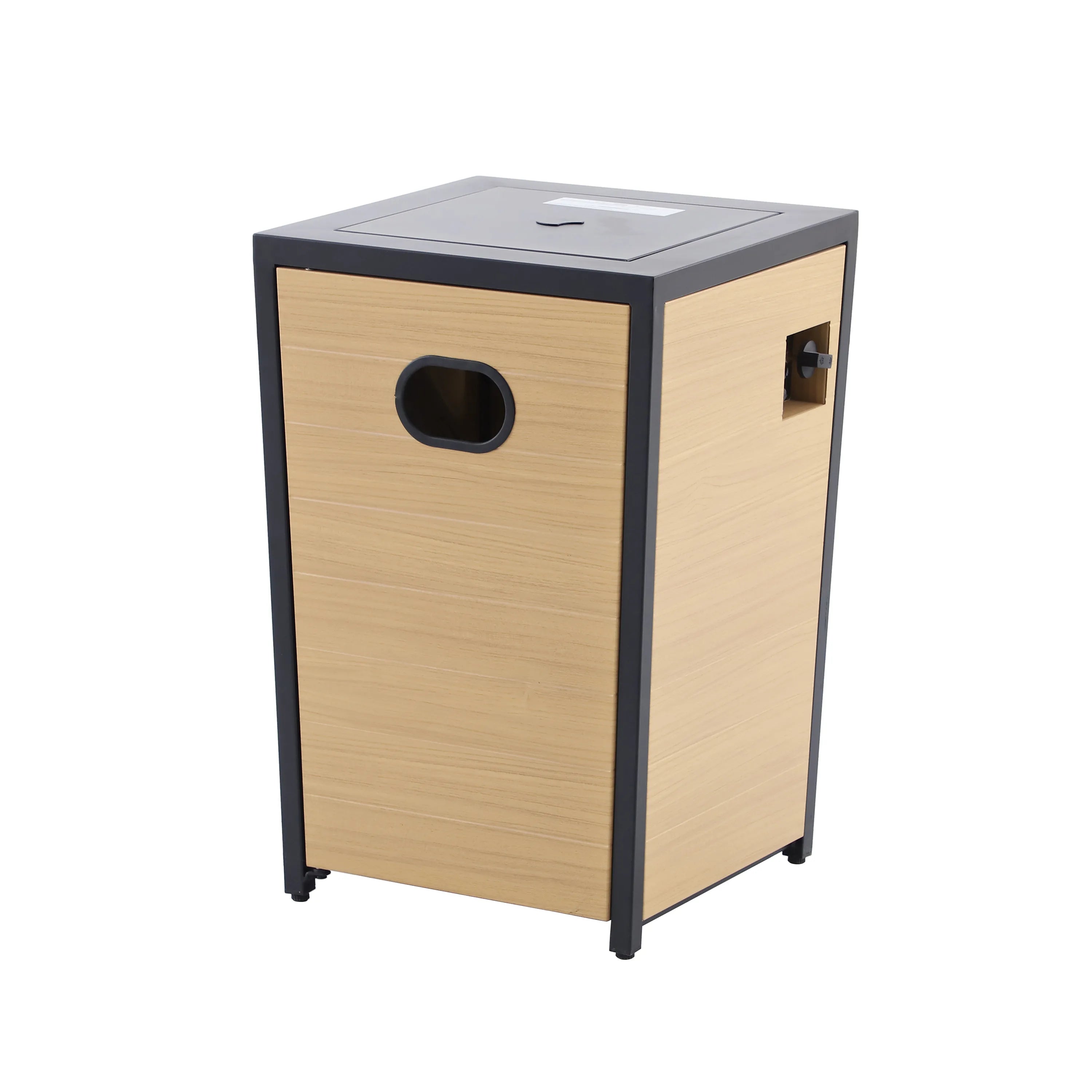 Outdoor propane fire pit table side with round vent hole and black corner posts
