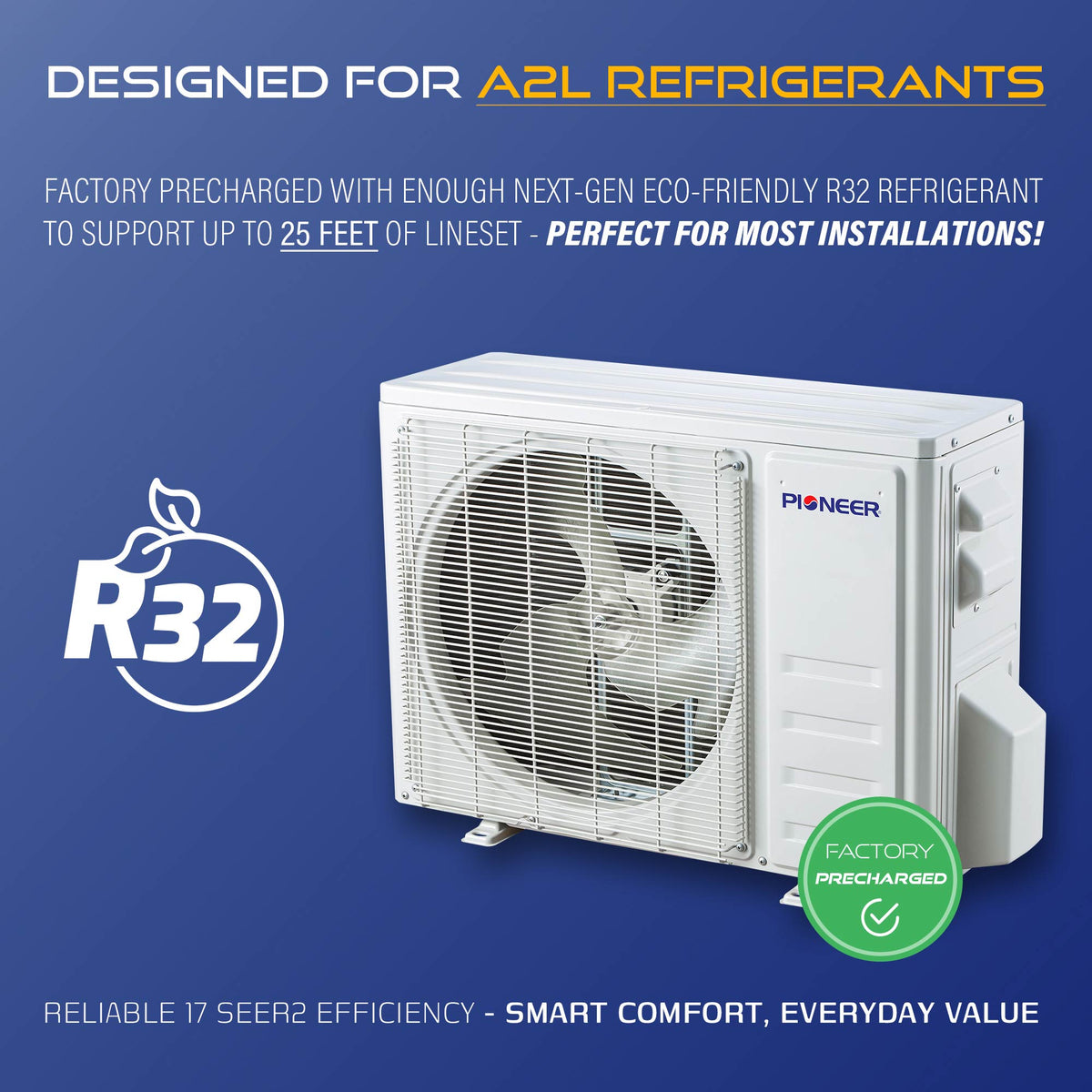 Ductless mini-split outdoor unit with R32 refrigerant feature