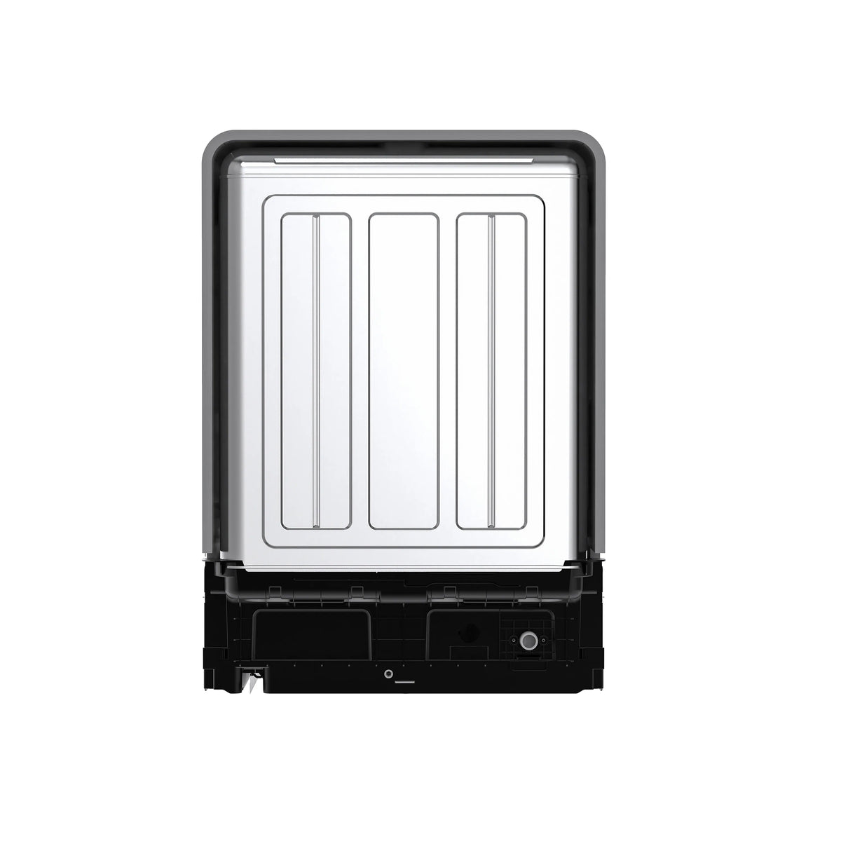 Black built-in dishwasher door with front rack and white interior tub