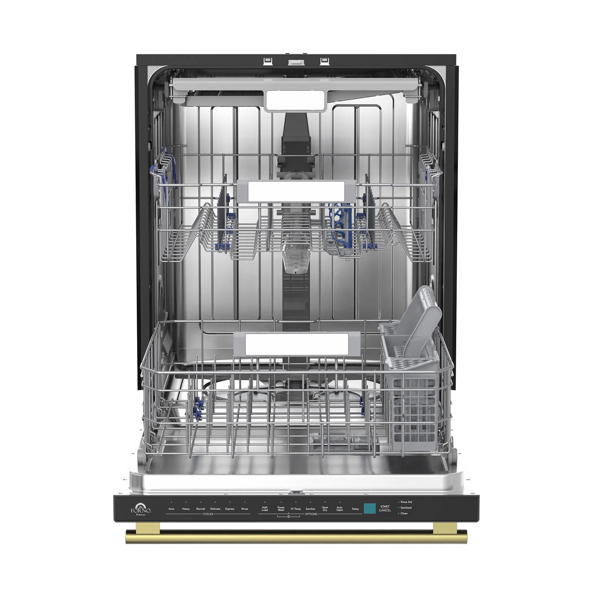 Built-in black dishwasher open showing two racks, spray system, and tall tub