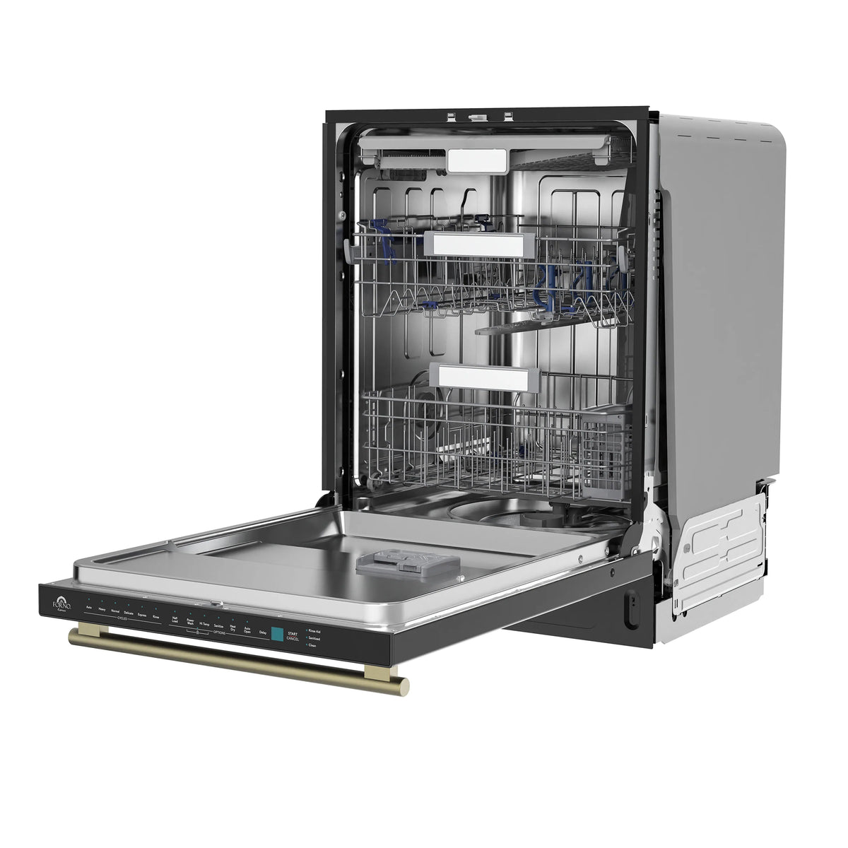 Built-in dishwasher with door open, showing empty racks and stainless tub