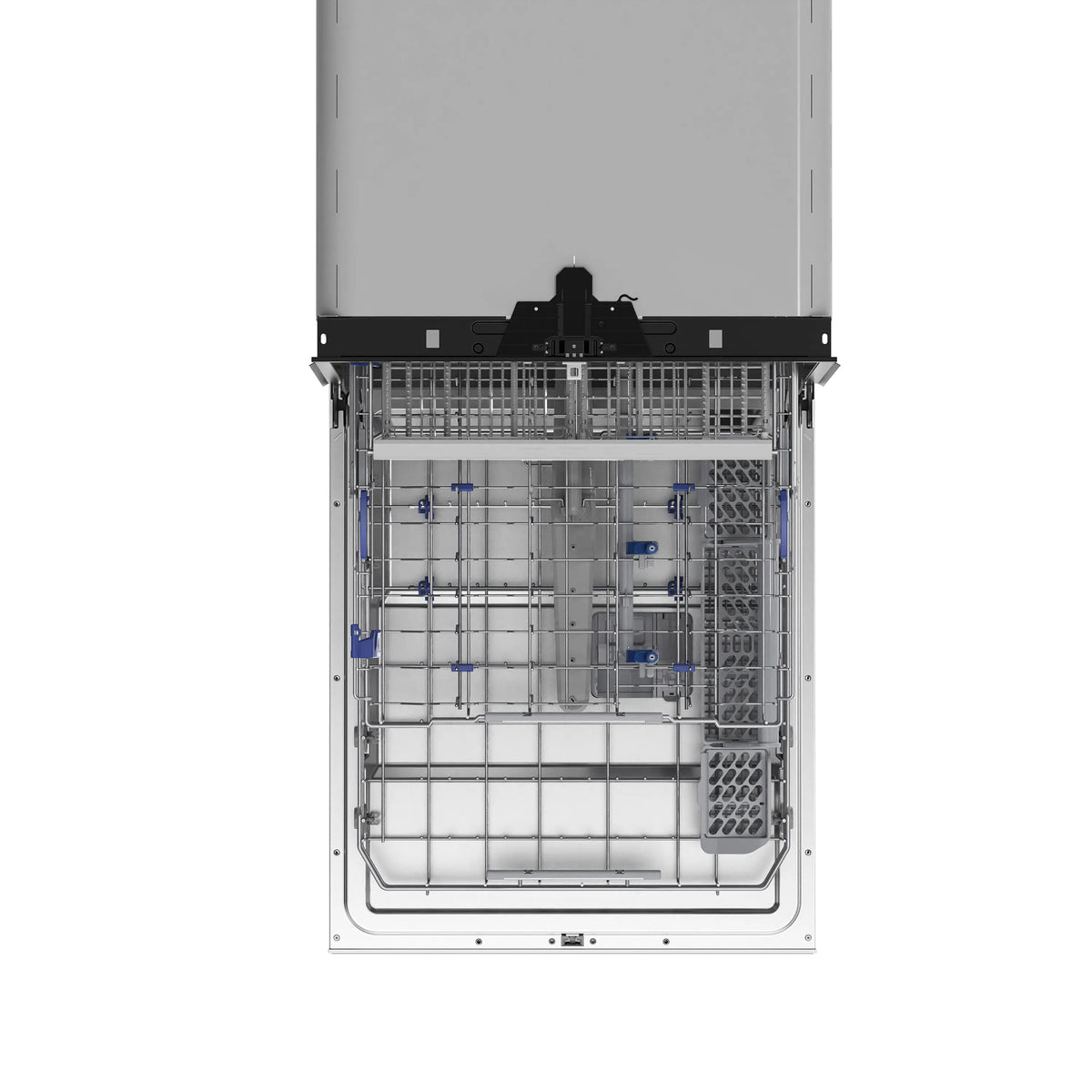 Tall-tub built-in dishwasher internal wash system layout with open door