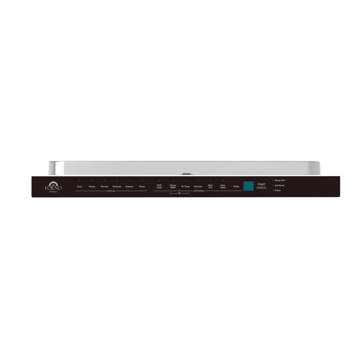 Built-in dishwasher control panel with touch buttons and stainless trim