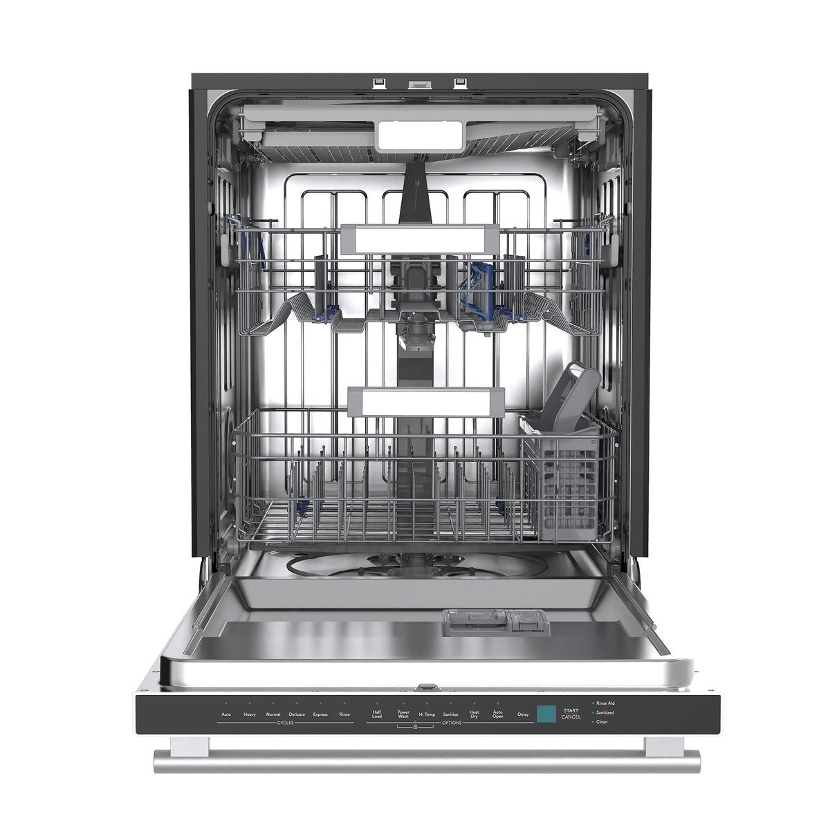 Built-in dishwasher open front view with upper rack and spray arm