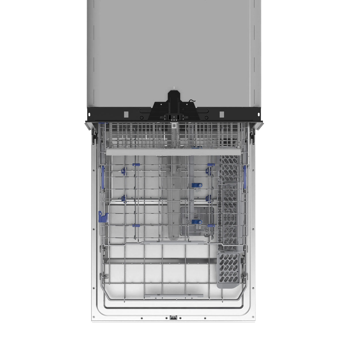 Built-in dishwasher interior with stainless racks and blue water lines, door open