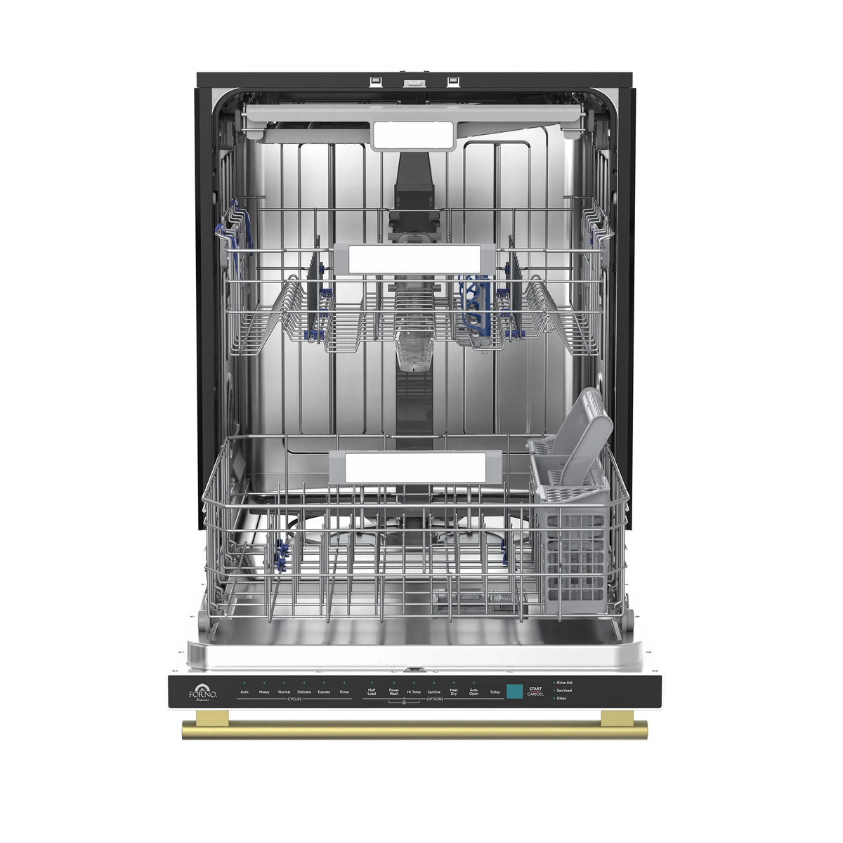 Dishwasher door open showing stainless upper and lower racks inside the tub
