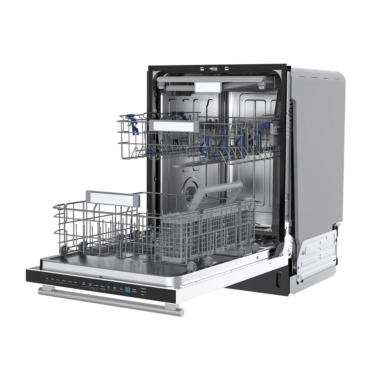 Built-in dishwasher with door open, showing interior racks and stainless tub