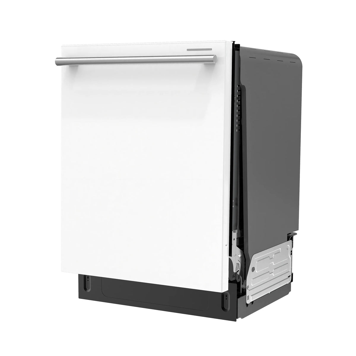 Built-in dishwasher with white door and stainless side frame, door partially open