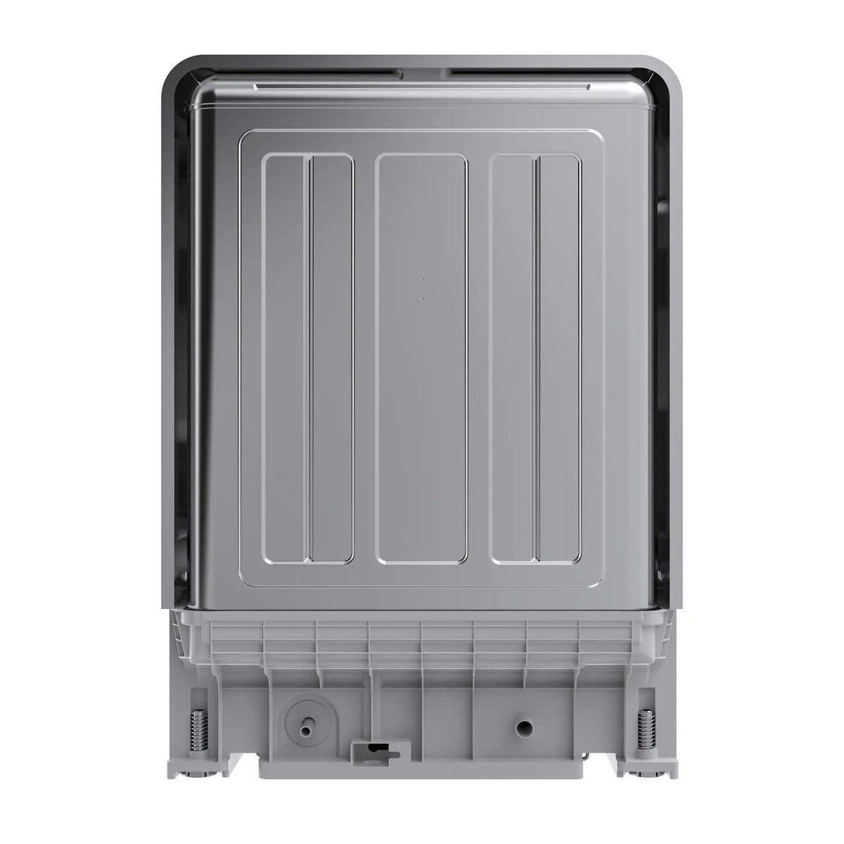 Panel-ready built-in dishwasher with interior tub and lower racks, stainless steel