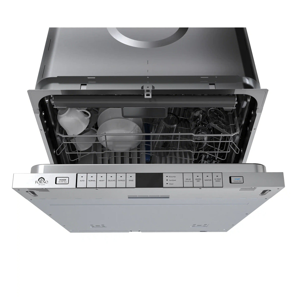 Built-in dishwasher with open door, interior racks and control panel on inner door