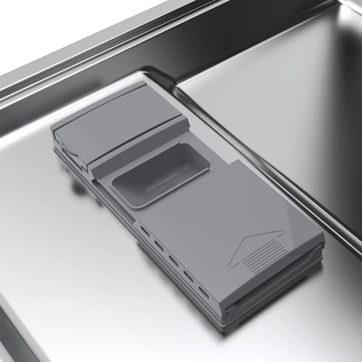 Dishwasher interior cutlery organizer insert in a grey rail rack
