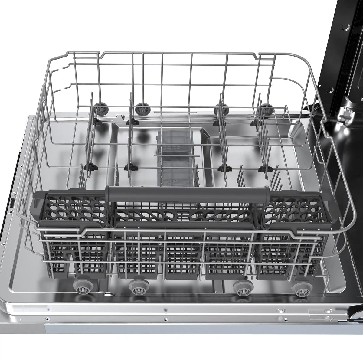 Dishwasher upper rack with utensil basket and pivoting tines