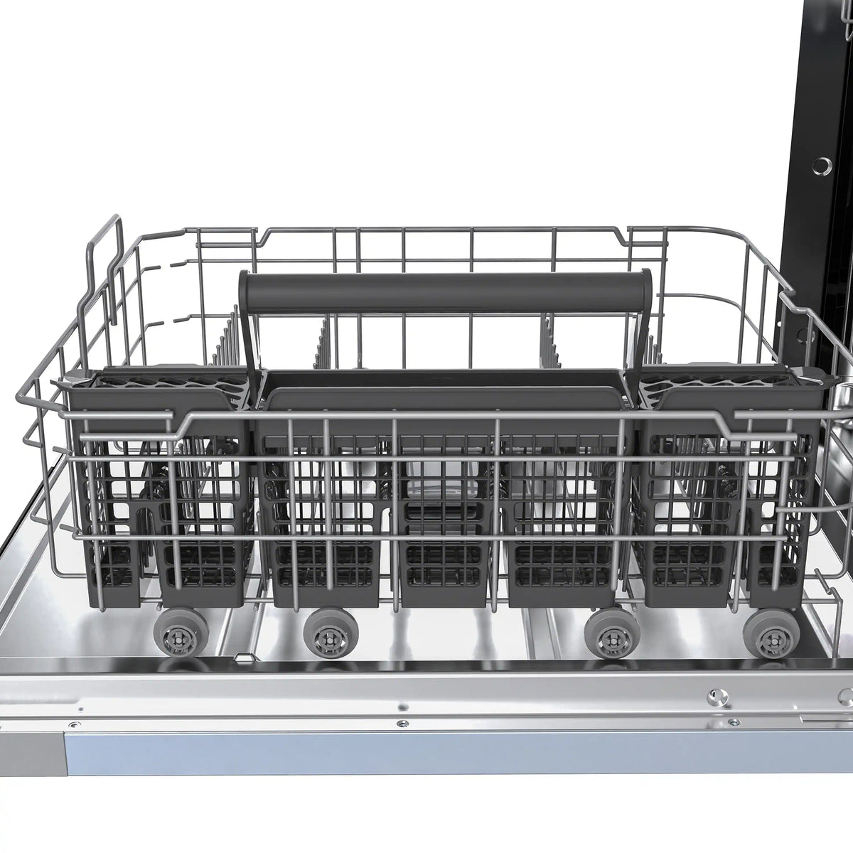 Dishwasher lower rack with cup holders and loading tines, open door view