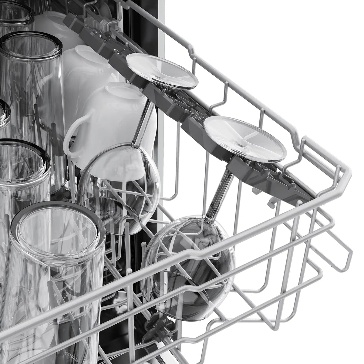 Dishwasher rack with stemware/coffee cup holders and wire dividers