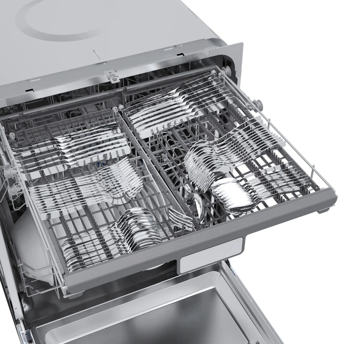 Dishwasher top rack with metal tines and spray arm, angled interior view