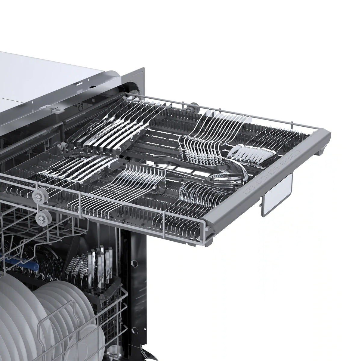 Dishwasher cutlery and plate racks with rows of tines, open interior