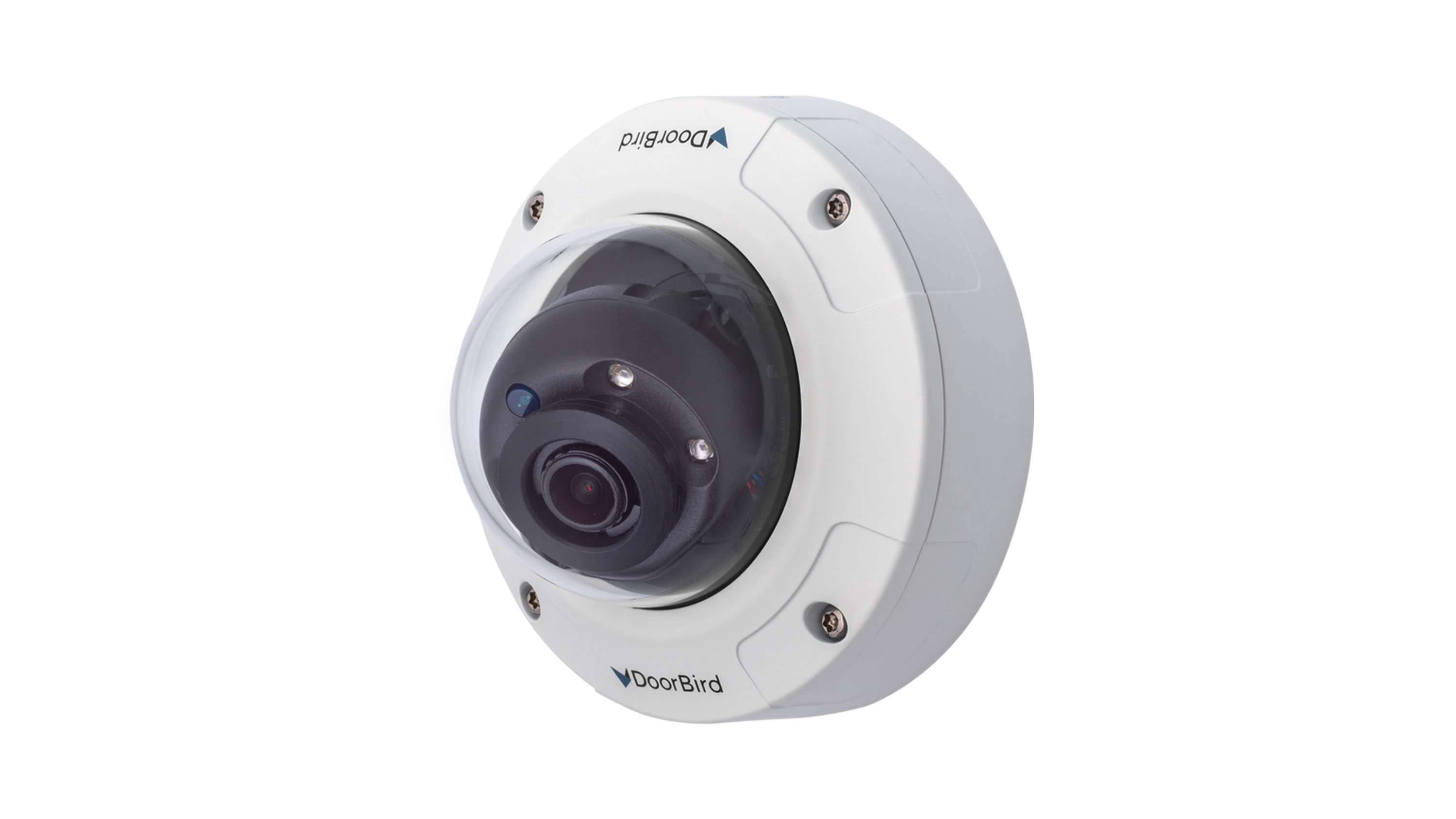 DoorBird mini dome IP video camera, white body with lens window and side screws.
