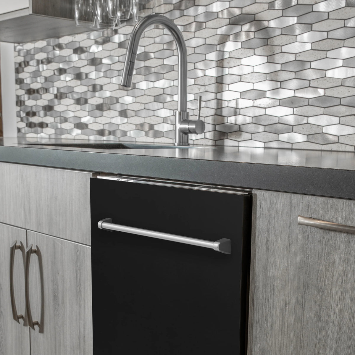 Black matte dishwasher door panel with stainless traditional bar handle