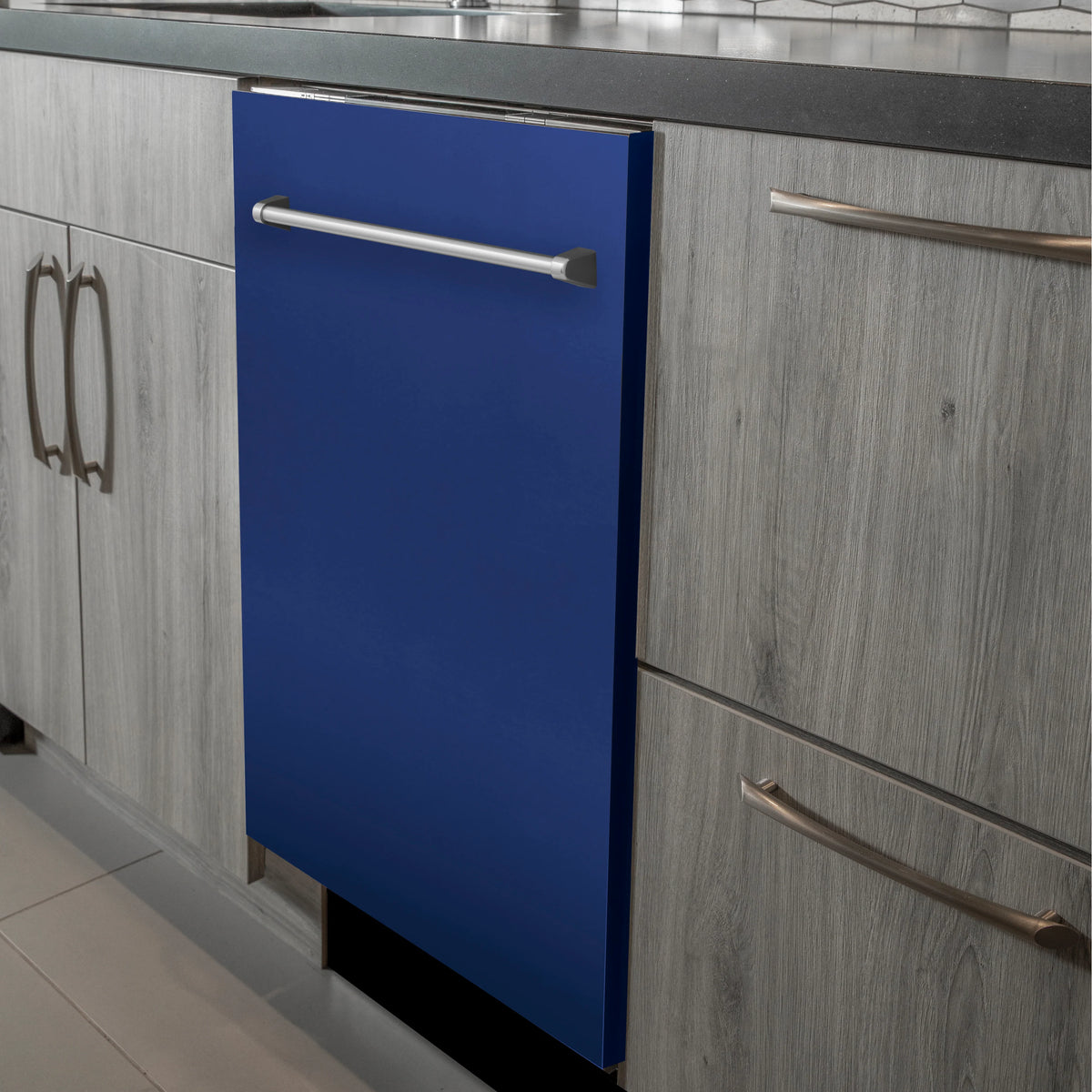 Built-in blue matte dishwasher with stainless steel traditional bar handle