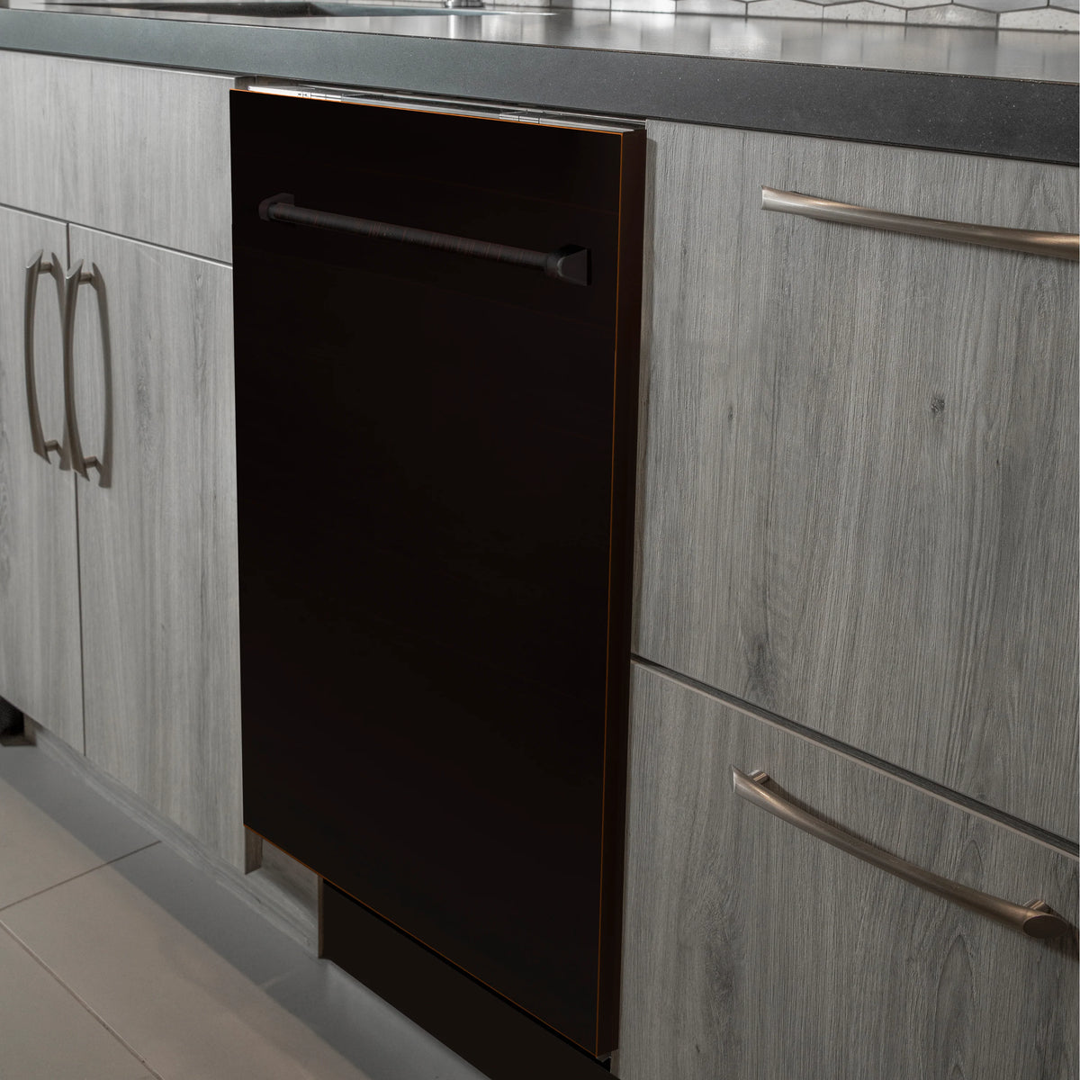 Built-in dishwasher front with oil-rubbed bronze door and recessed handle